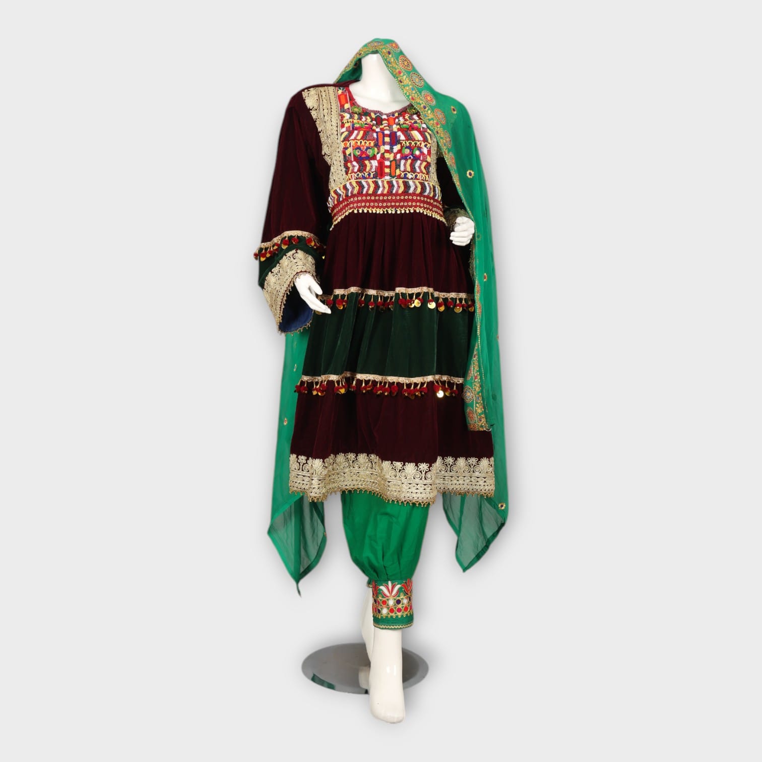 Velvet Maroon & Green Traditional Afghan Dress