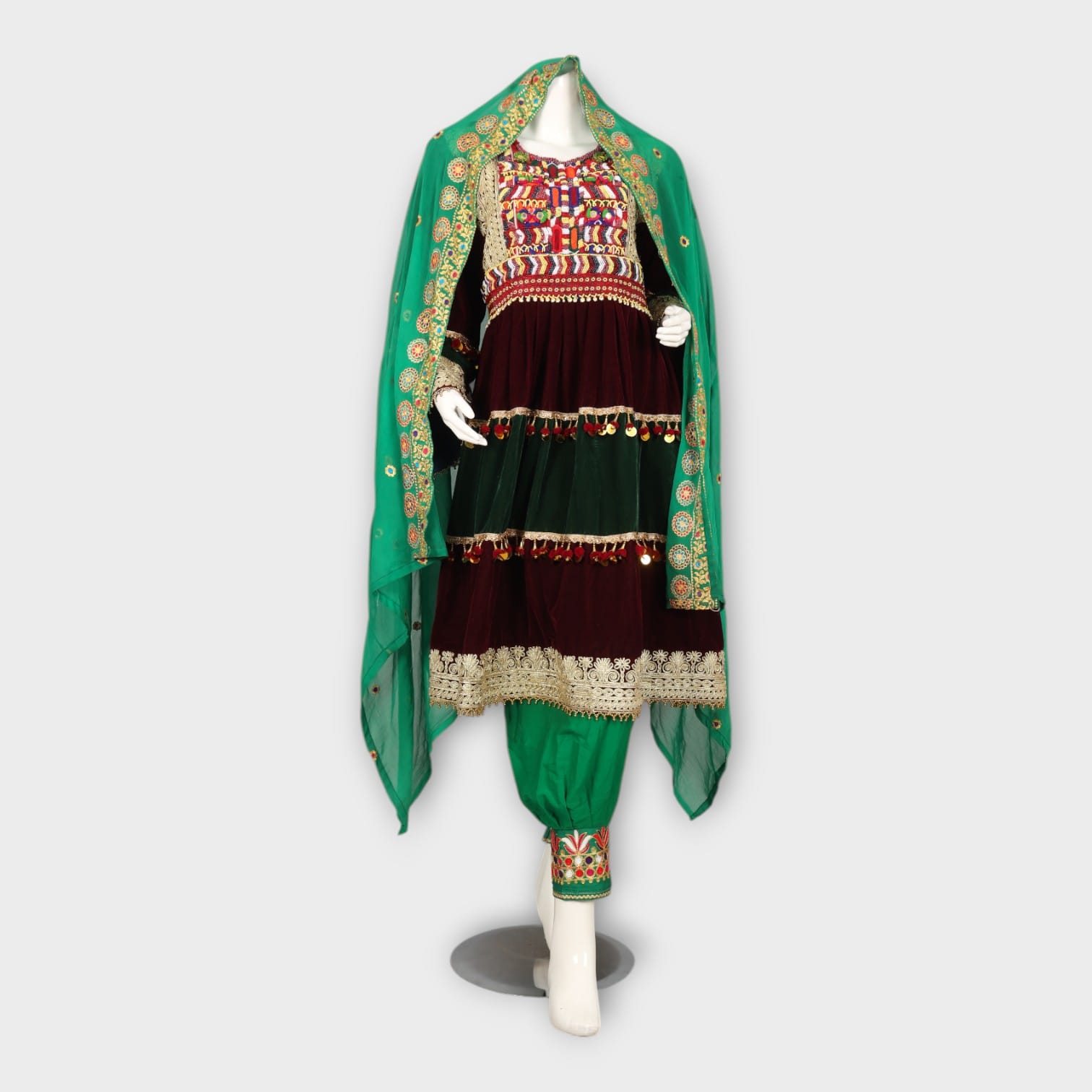Velvet Maroon & Green Traditional Afghan Dress