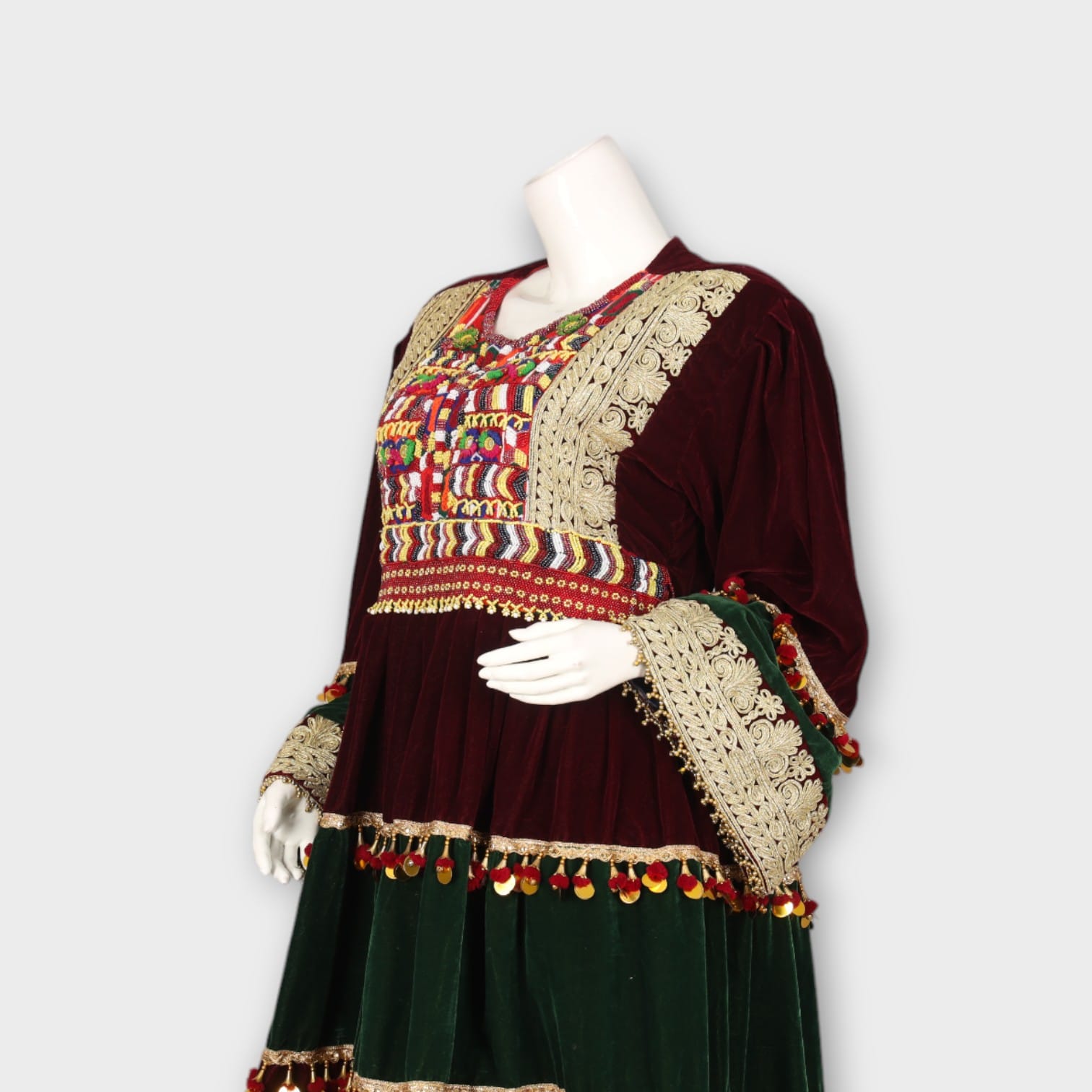 Velvet Maroon & Green Traditional Afghan Dress