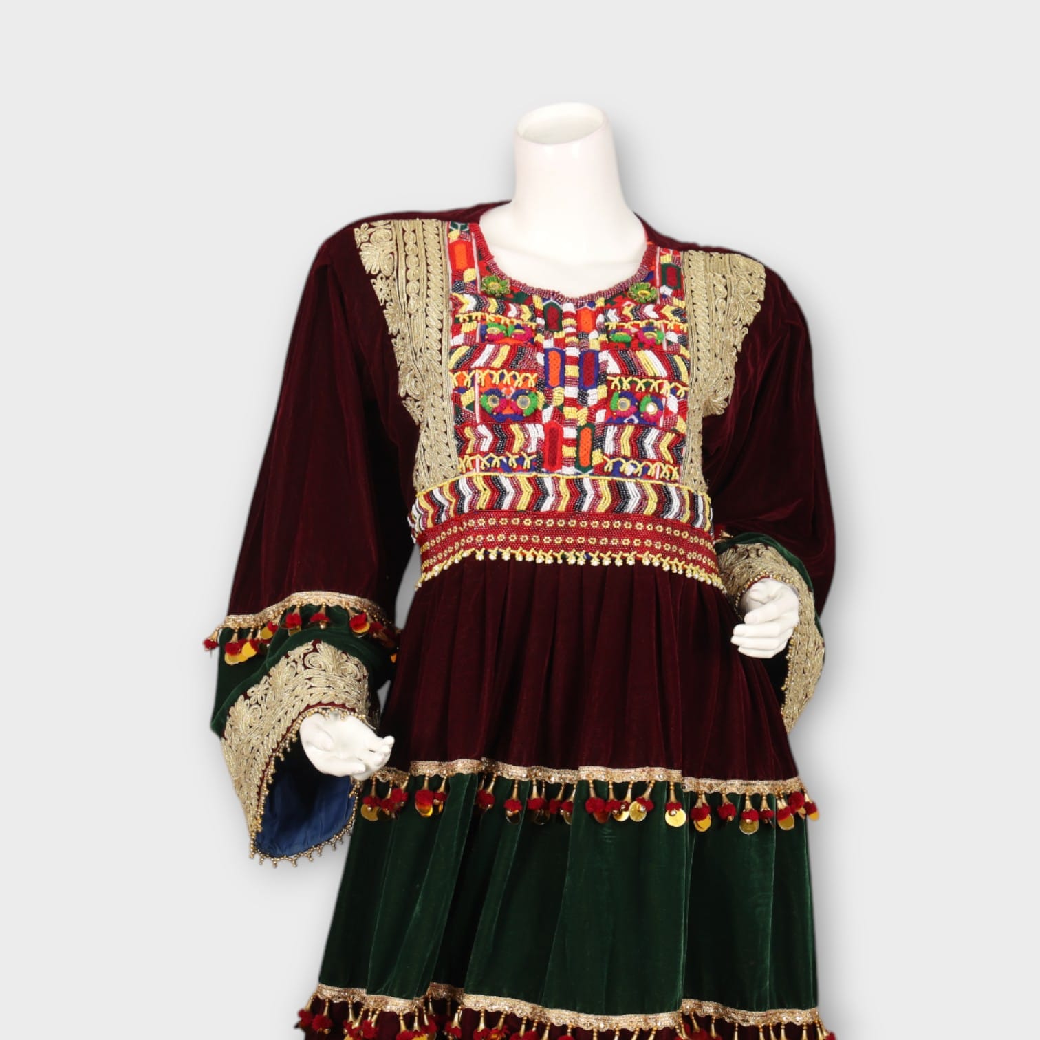 Velvet Maroon & Green Traditional Afghan Dress