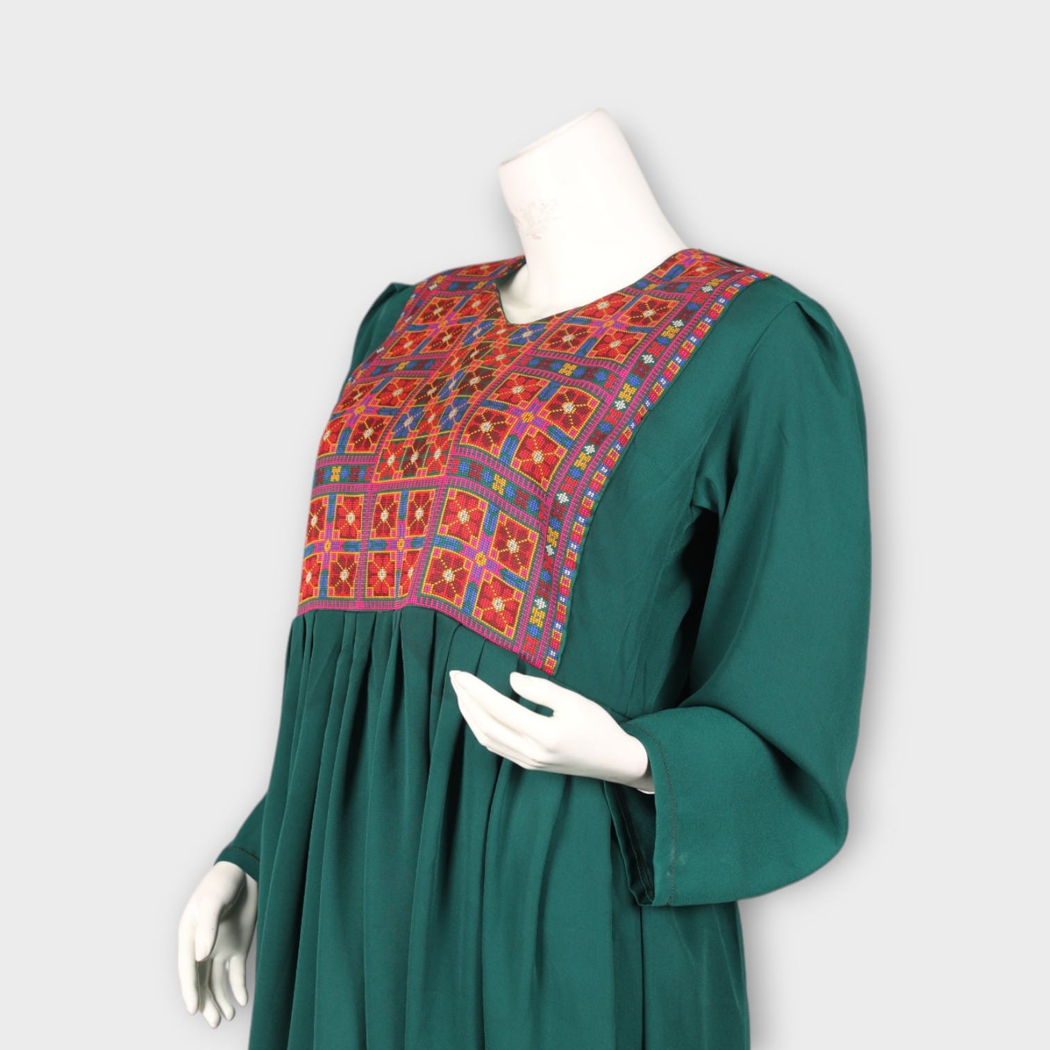 Emerald Green Afghan Dress with Traditional Embroidered Chest Panel