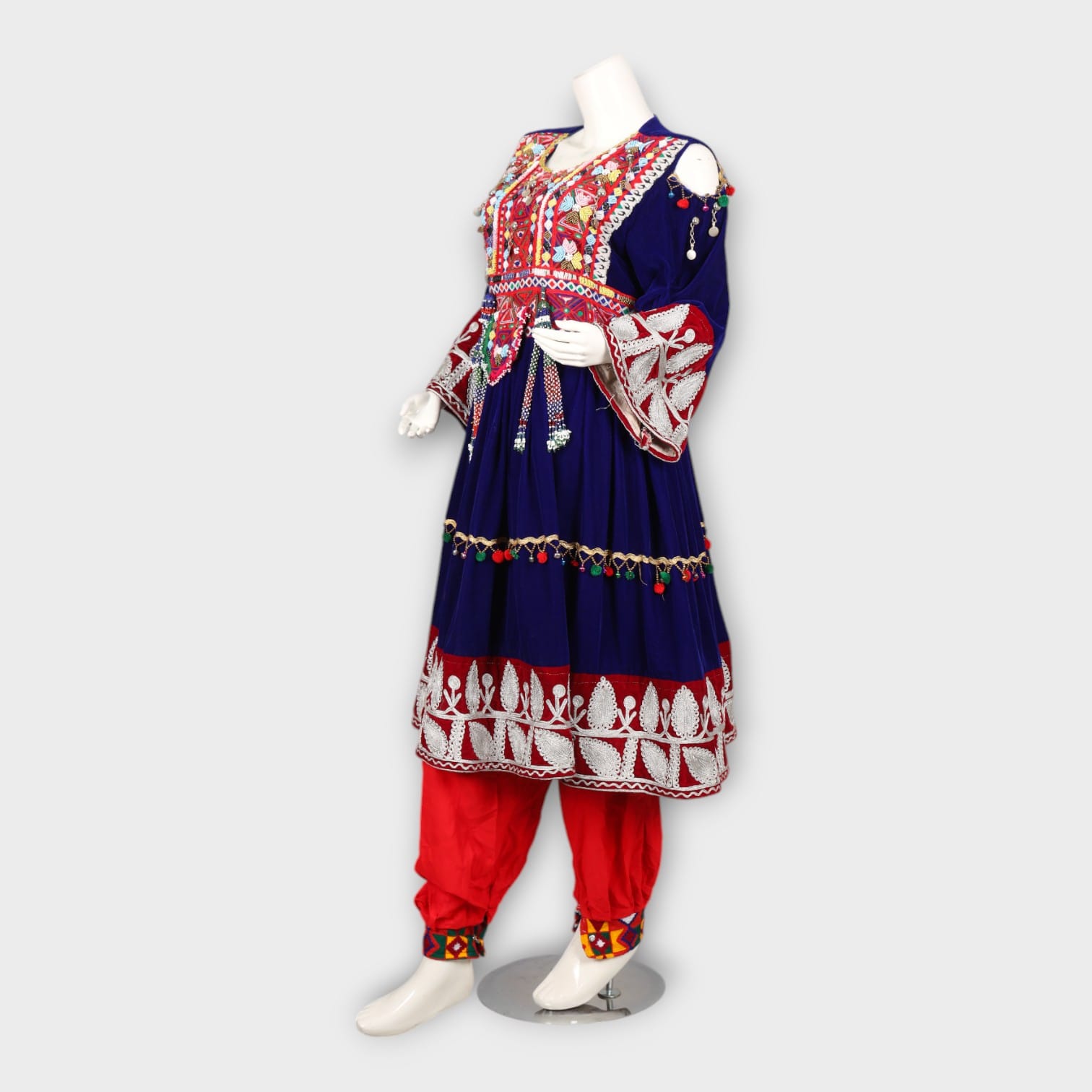 Red & Blue Traditional Afghan Dress with Dupatta