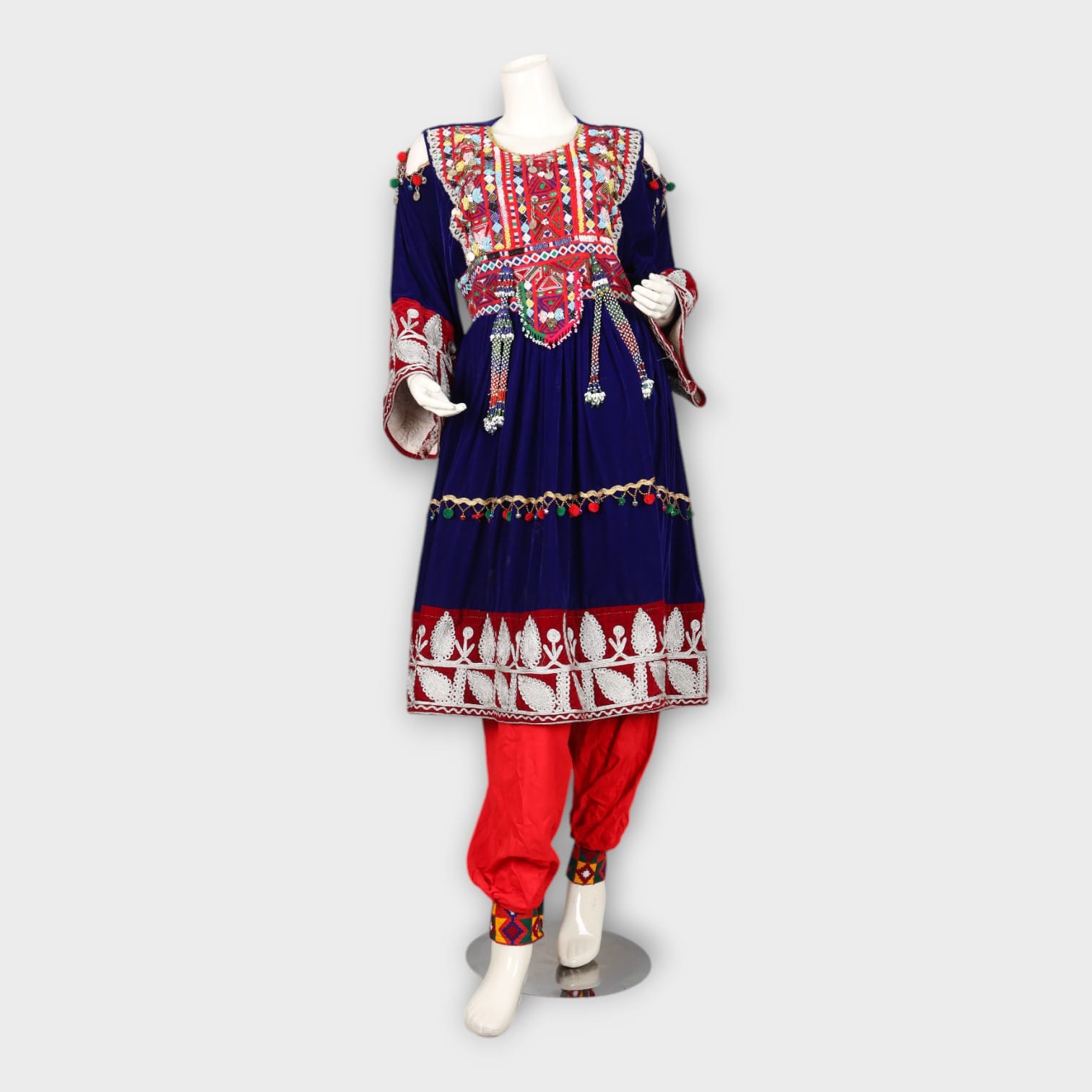 Red & Blue Traditional Afghan Dress with Dupatta