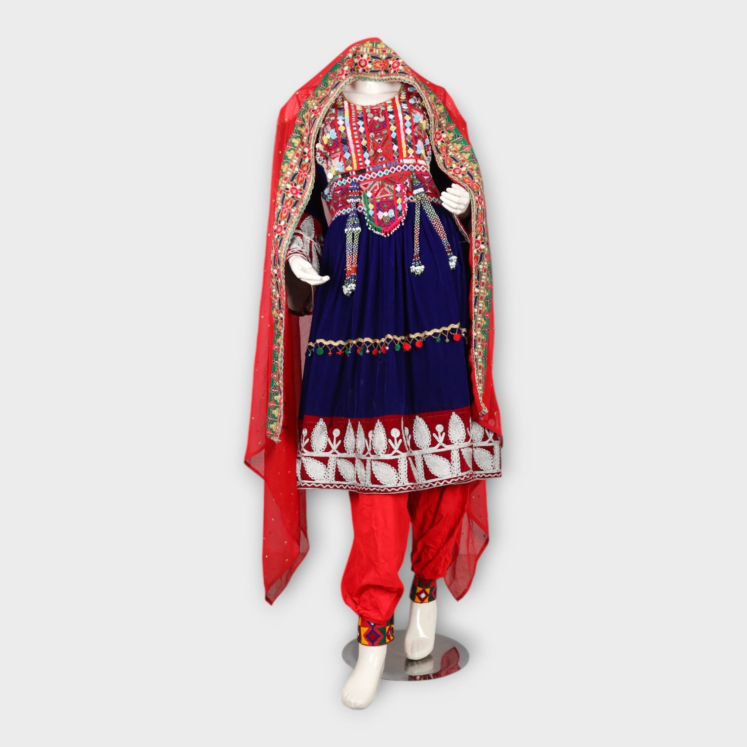 Red & Blue Traditional Afghan Dress with Dupatta