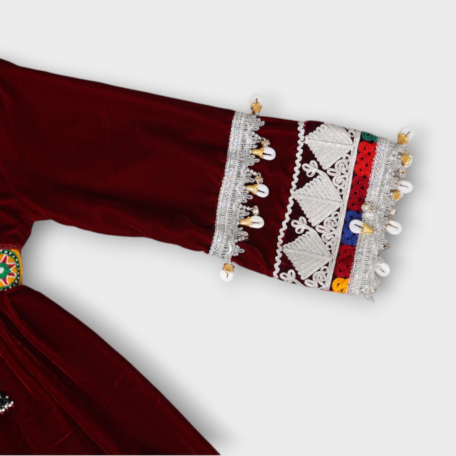 Burgundy Velvet Traditional Afghan Girl’s Dress with Colorful Embroidery and Coin Detailing