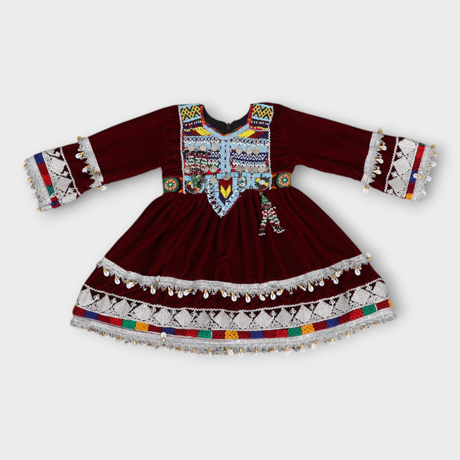 Burgundy Velvet Traditional Afghan Girl’s Dress with Colorful Embroidery and Coin Detailing
