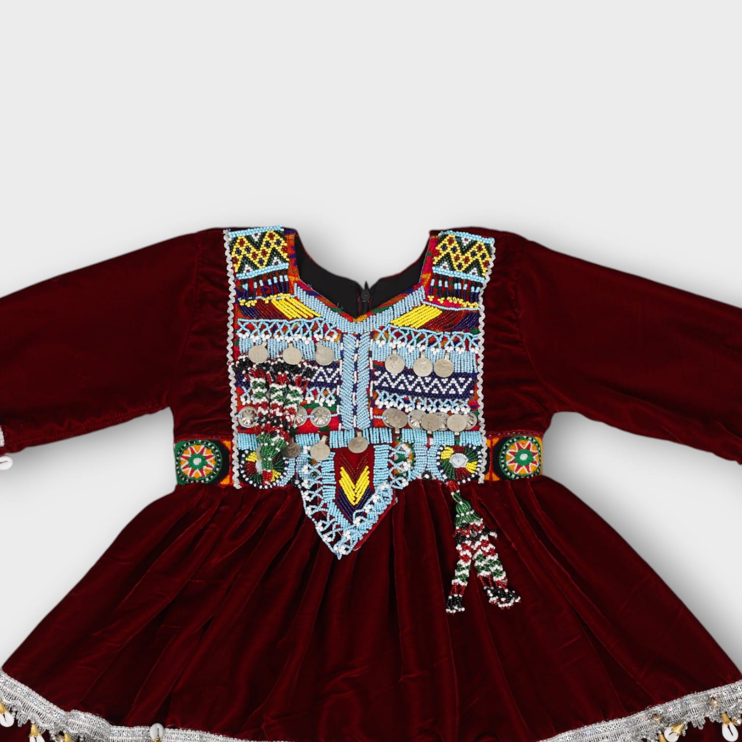 Burgundy Velvet Traditional Afghan Girl’s Dress with Colorful Embroidery and Coin Detailing