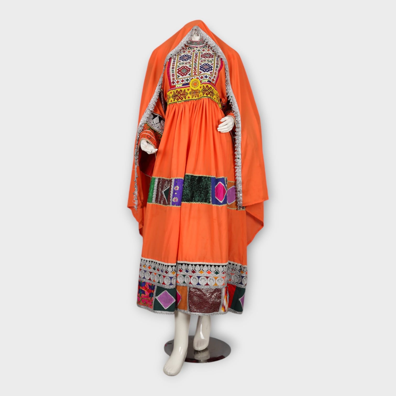 Orange Traditional Afghan Dress with Patchwork and Embroidery