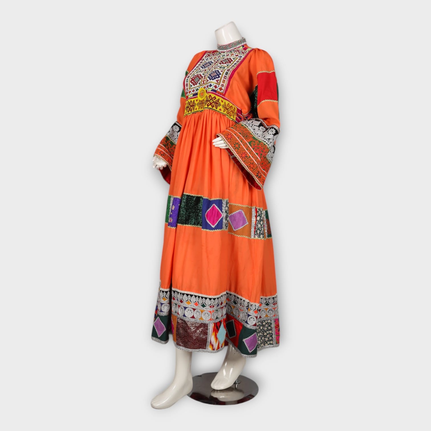 Orange Traditional Afghan Dress with Patchwork and Embroidery