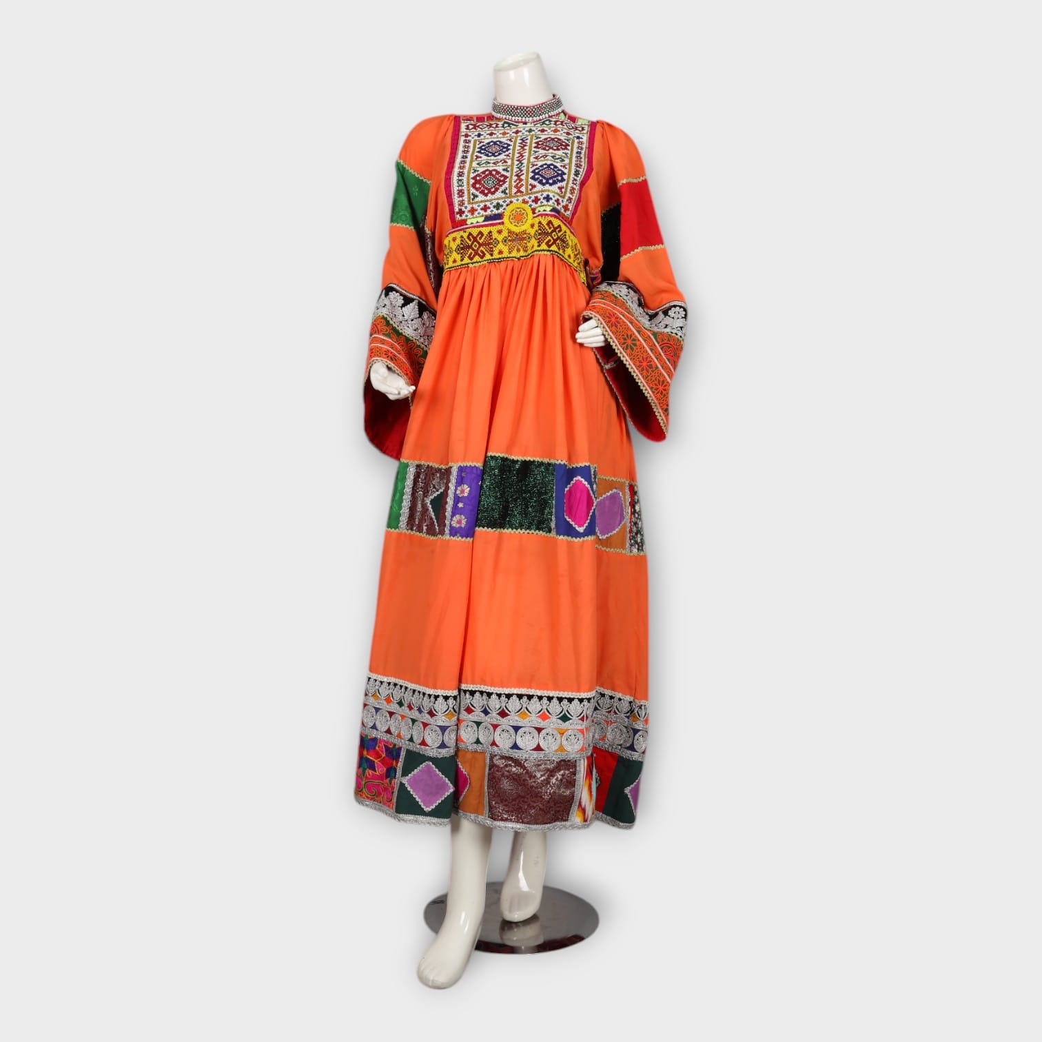 Orange Traditional Afghan Dress with Patchwork and Embroidery