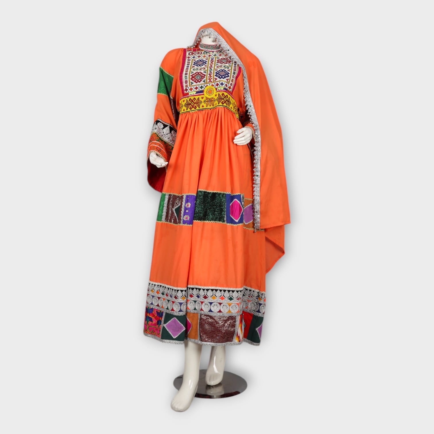 Orange Traditional Afghan Dress with Patchwork and Embroidery