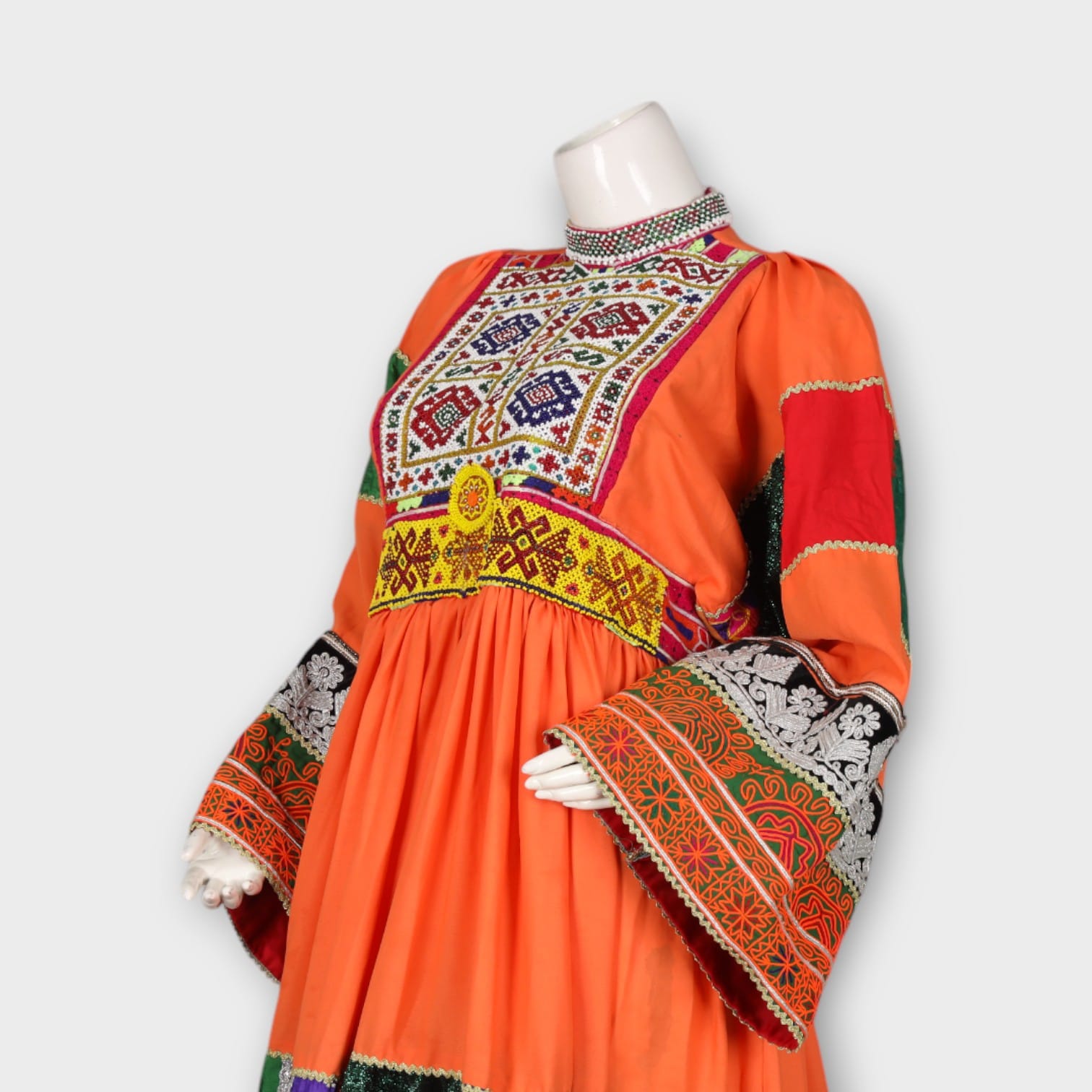 Orange Traditional Afghan Dress with Patchwork and Embroidery