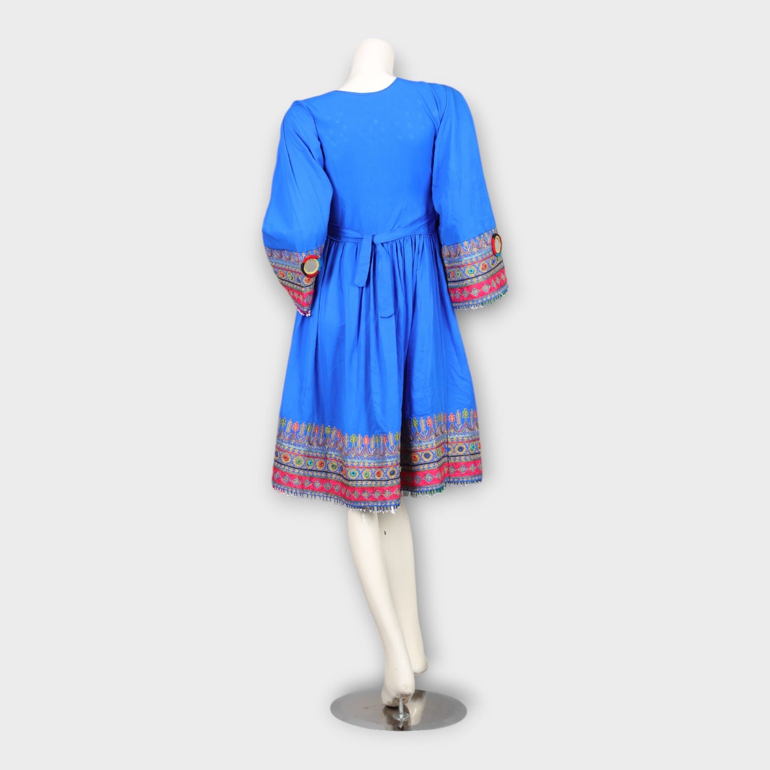 Bright Blue Traditional Afghan Dress with Colorful Chest and Hem Embroidery