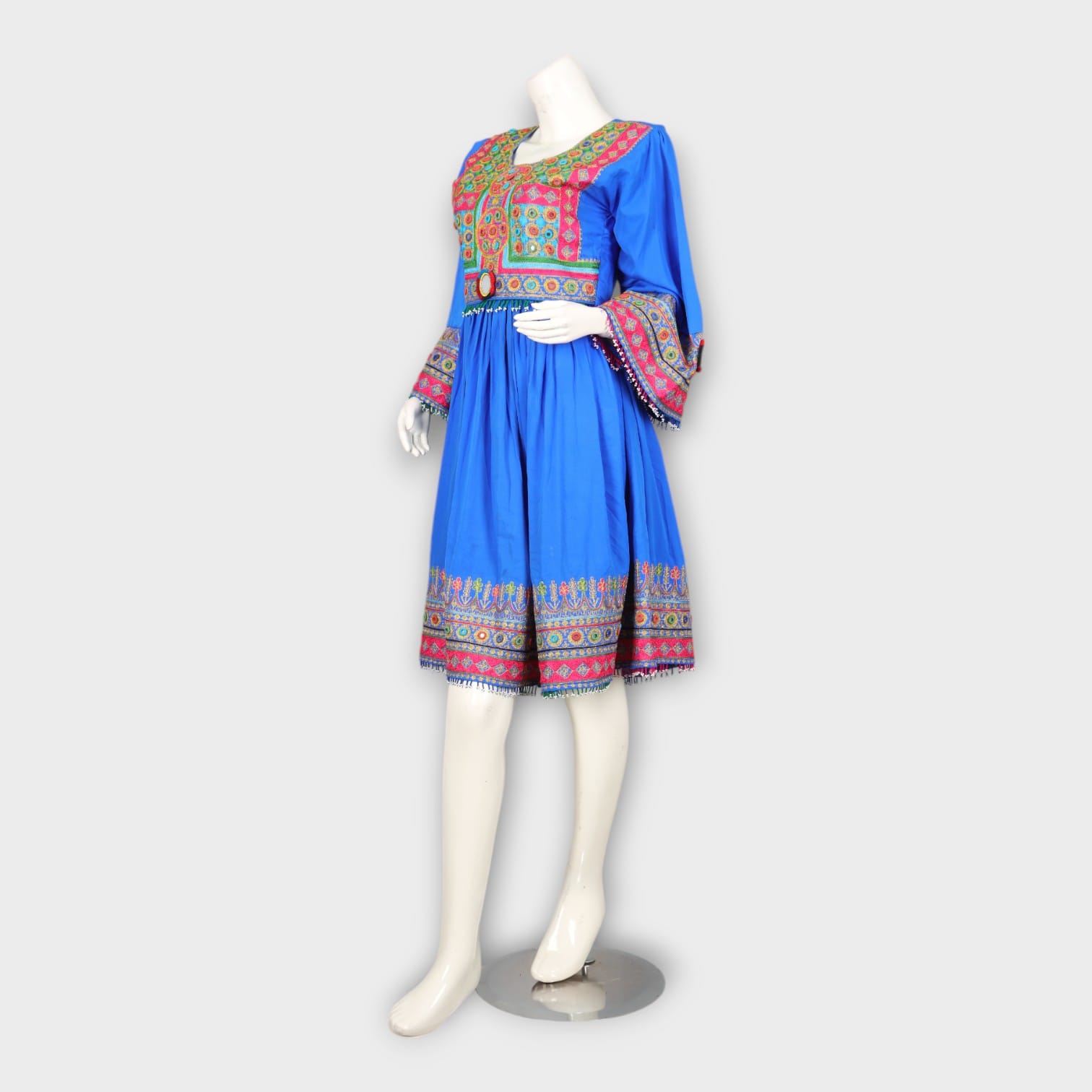 Bright Blue Traditional Afghan Dress with Colorful Chest and Hem Embroidery