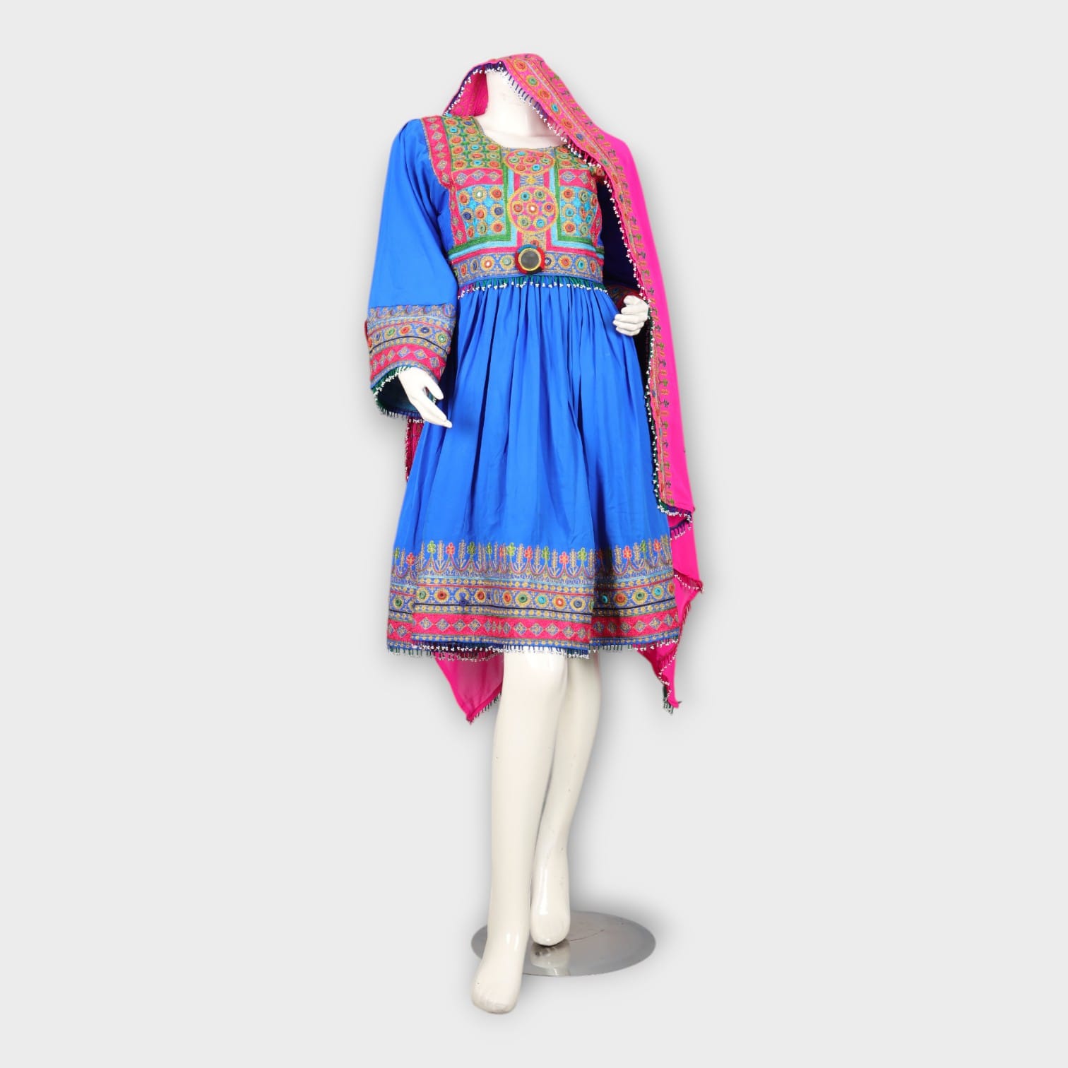 Bright Blue Traditional Afghan Dress with Colorful Chest and Hem Embroidery