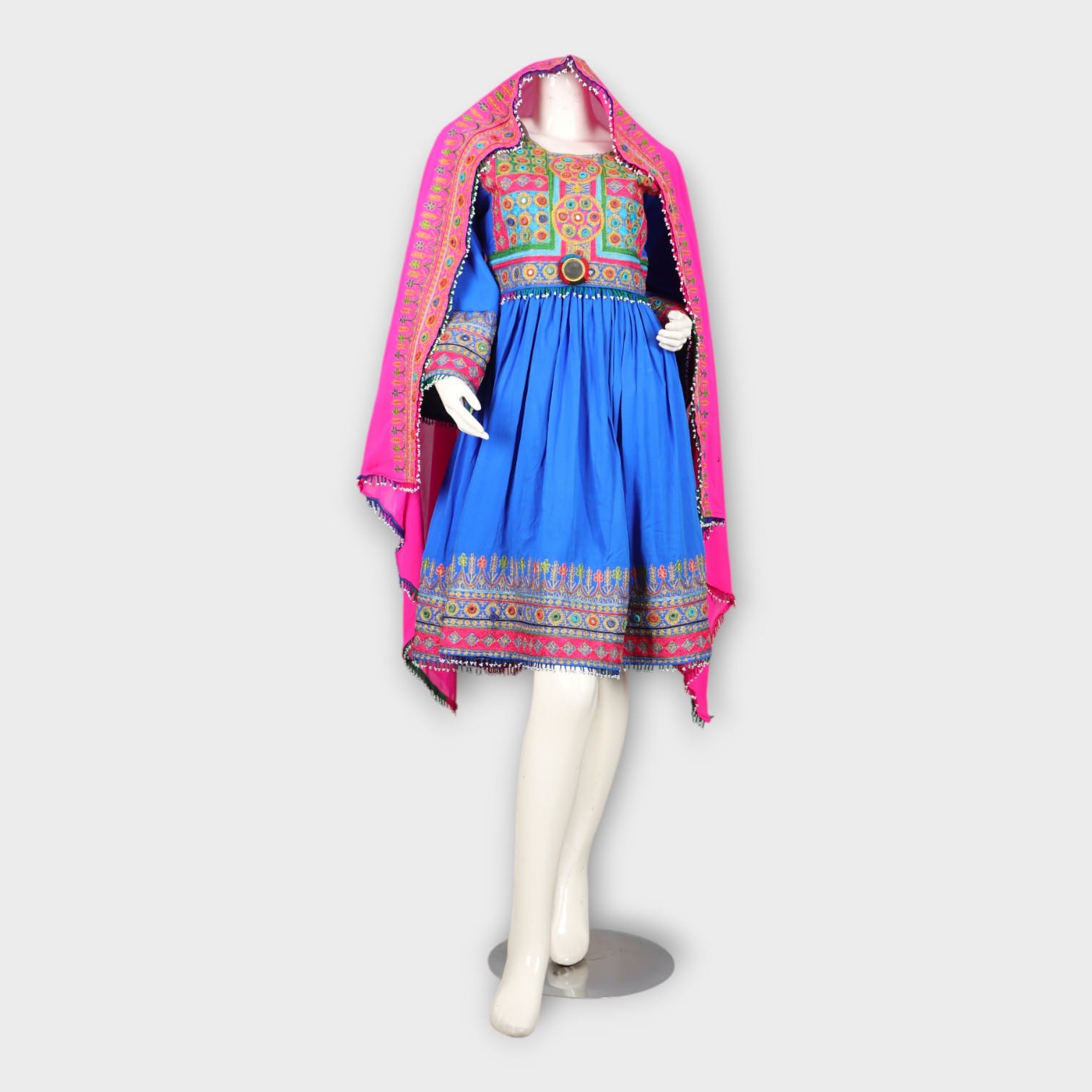 Bright Blue Traditional Afghan Dress with Colorful Chest and Hem Embroidery