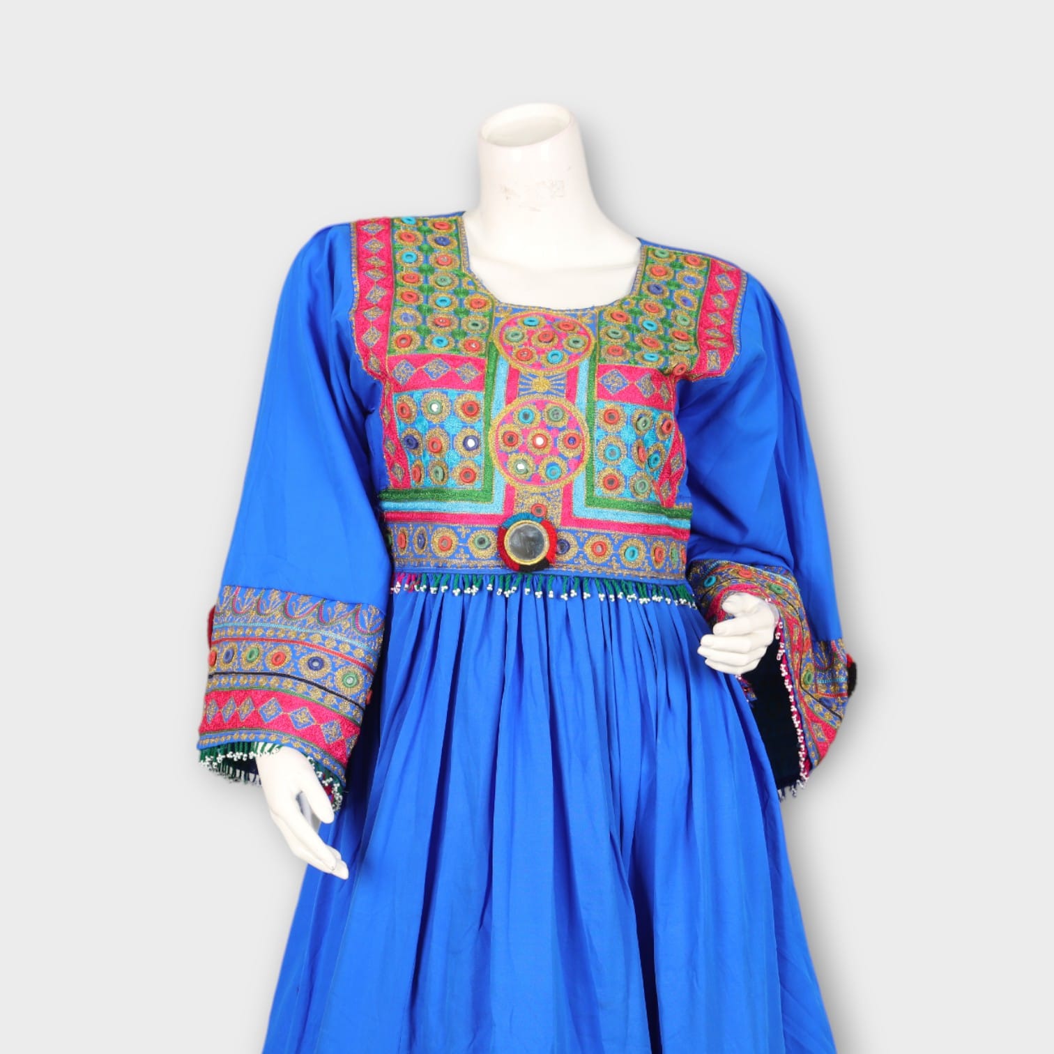 Bright Blue Traditional Afghan Dress with Colorful Chest and Hem Embroidery