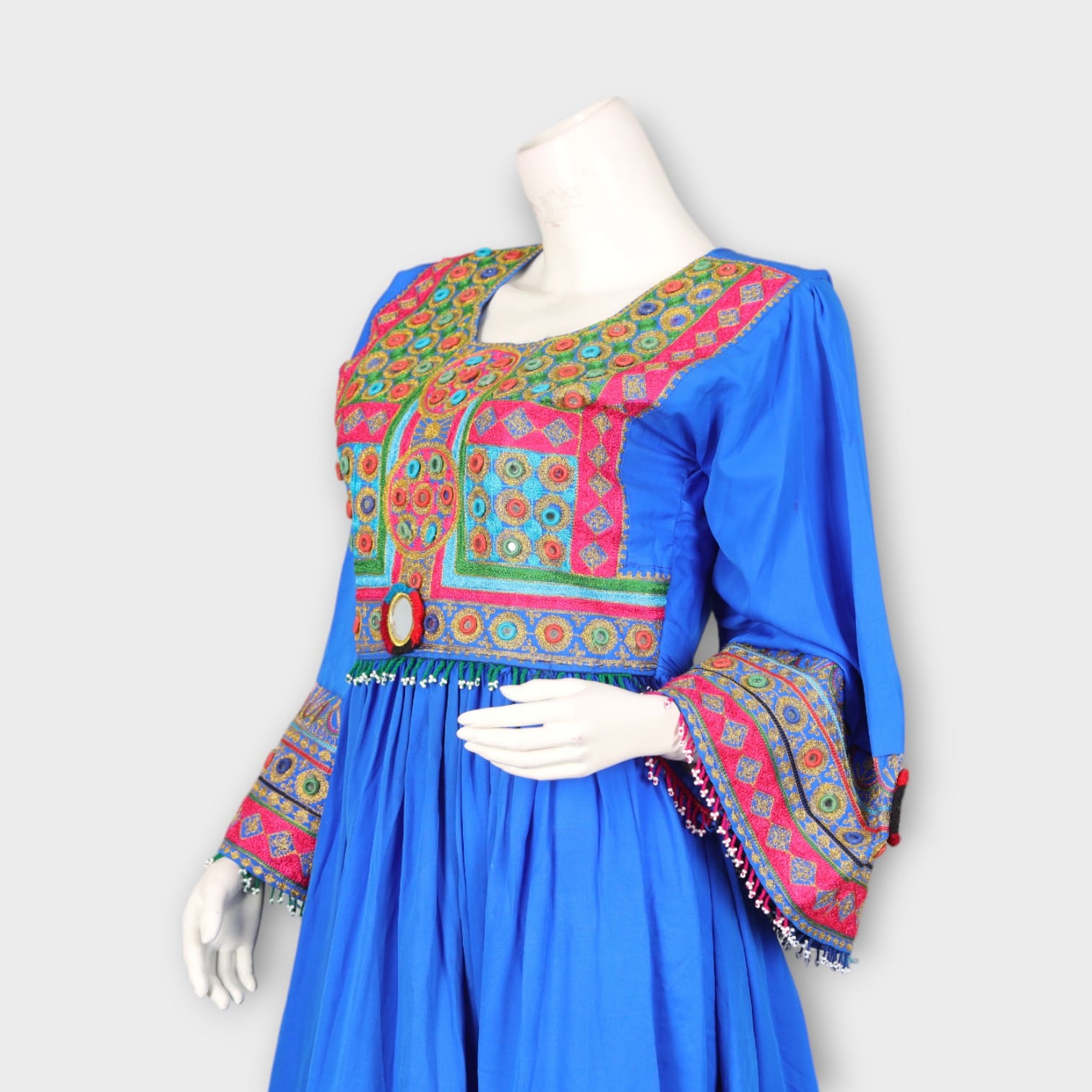 Bright Blue Traditional Afghan Dress with Colorful Chest and Hem Embroidery
