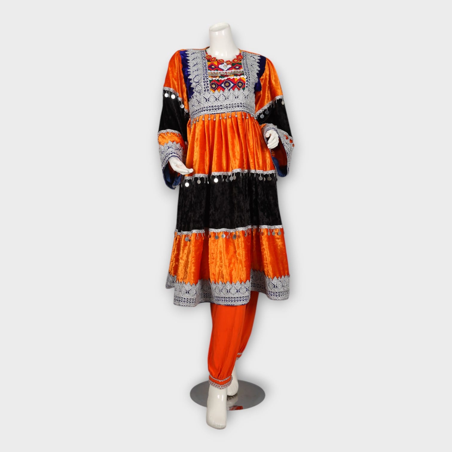 Orange & Black Velvet Traditional Afghan Dress