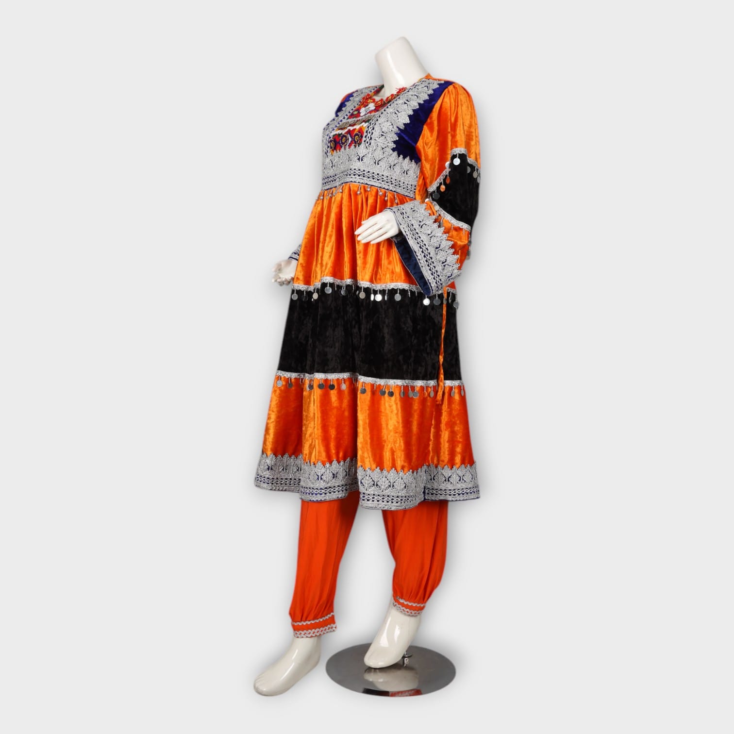 Orange & Black Velvet Traditional Afghan Dress