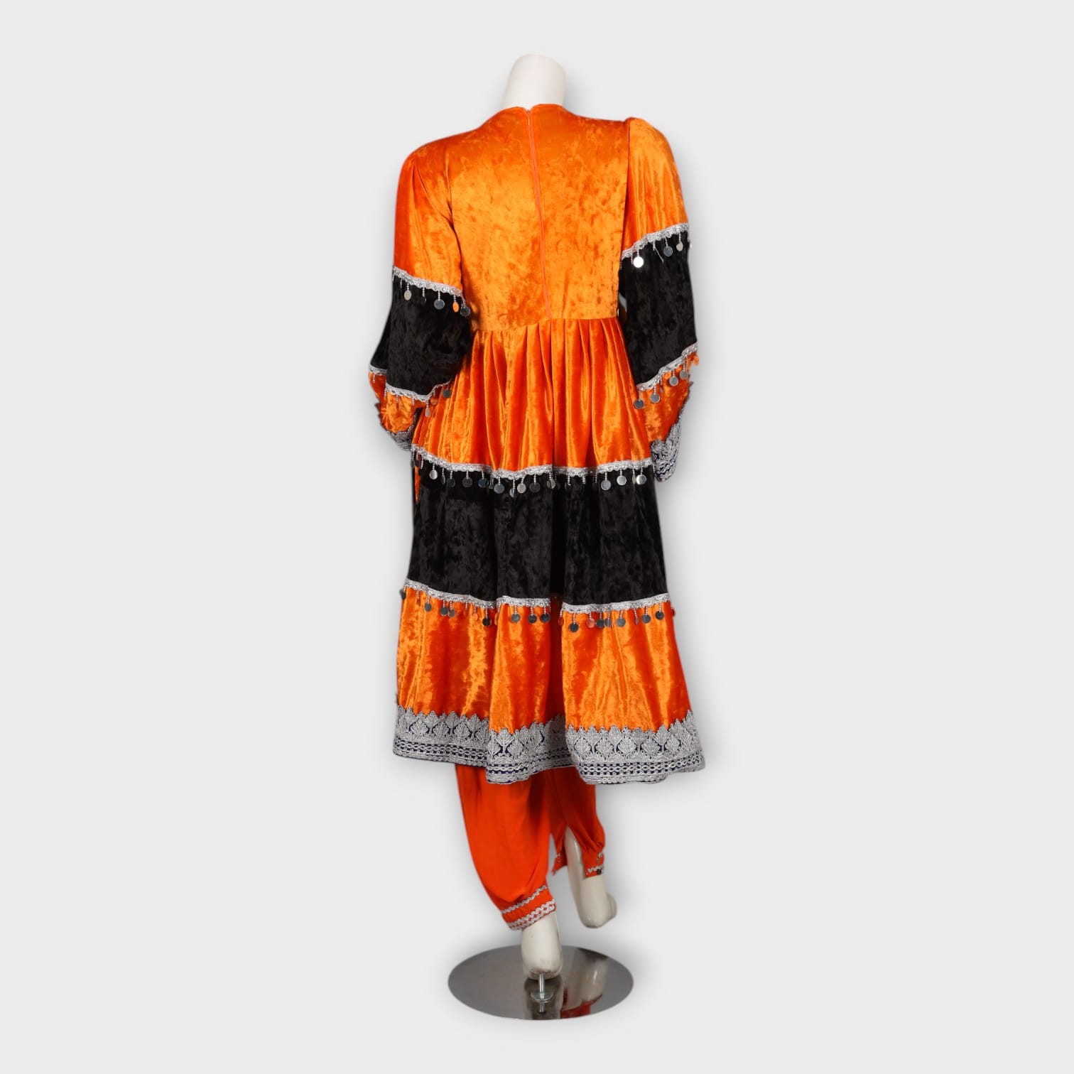 Orange & Black Velvet Traditional Afghan Dress
