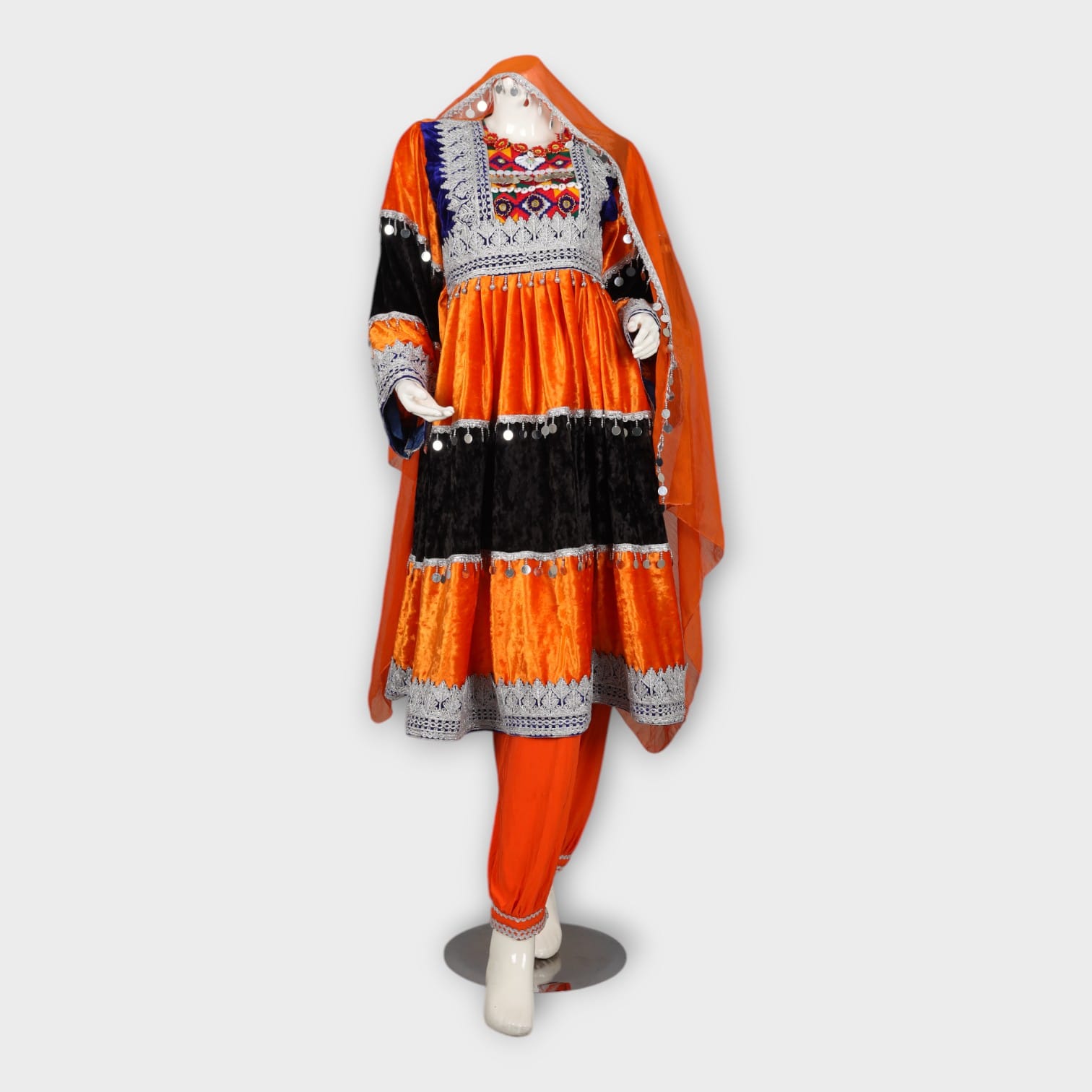 Orange & Black Velvet Traditional Afghan Dress
