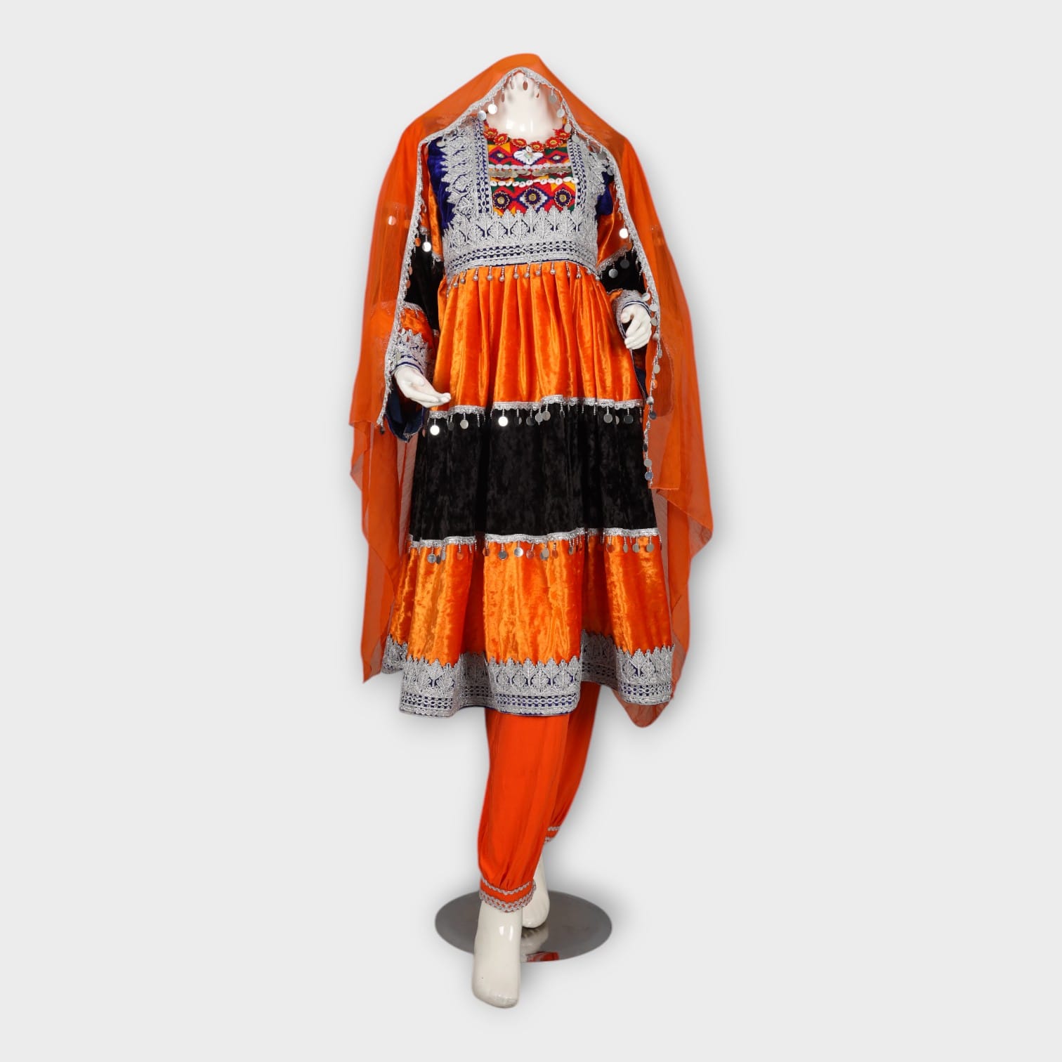 Orange & Black Velvet Traditional Afghan Dress