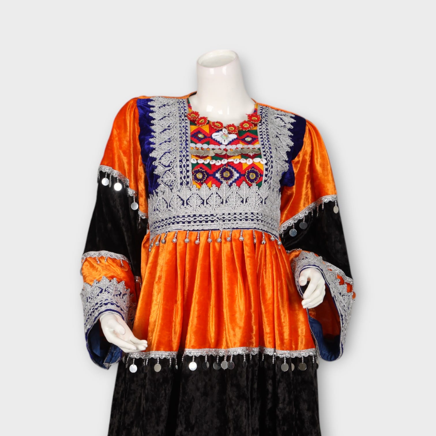 Orange & Black Velvet Traditional Afghan Dress