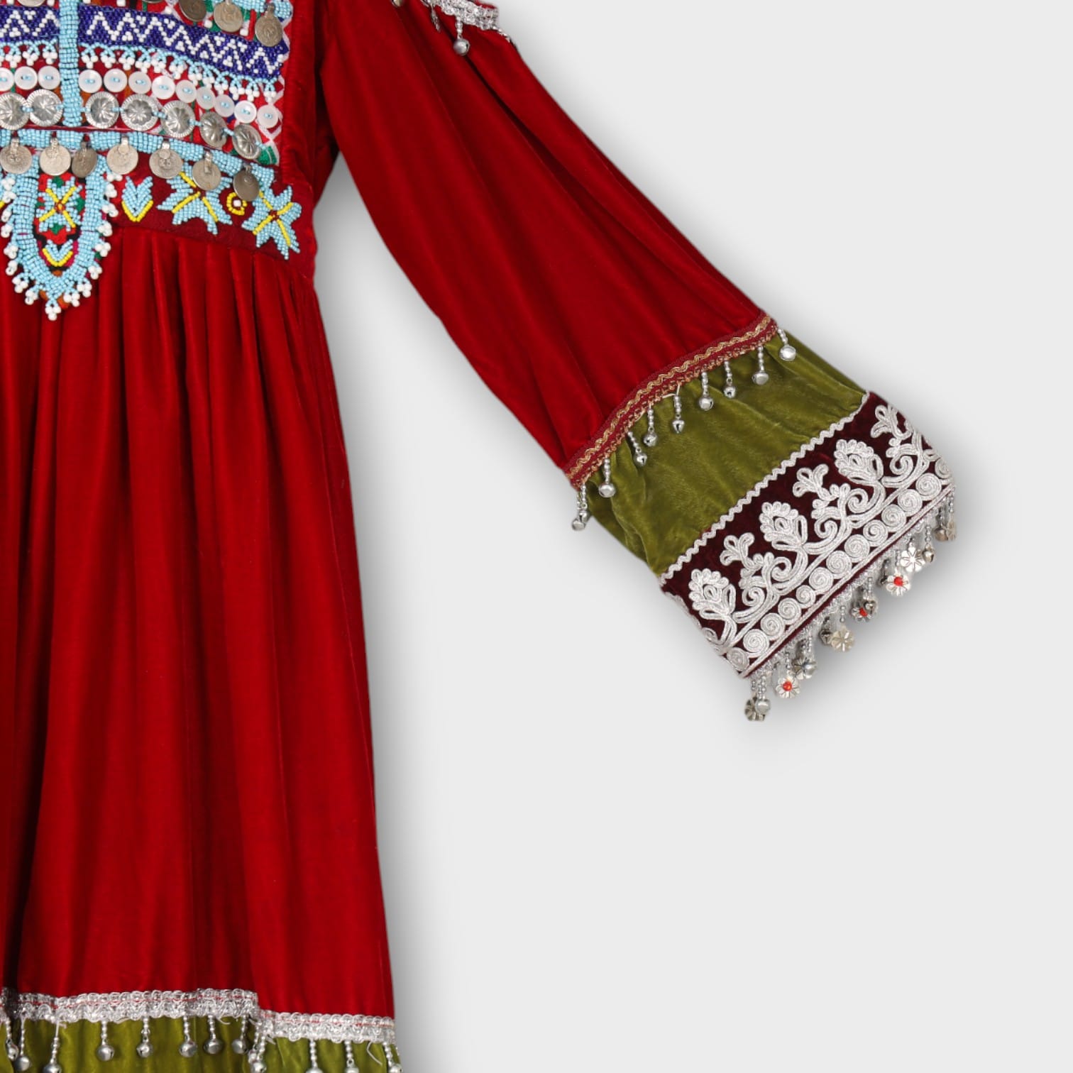 Red & Green Traditional Afghan Kids Dress with Embroidery