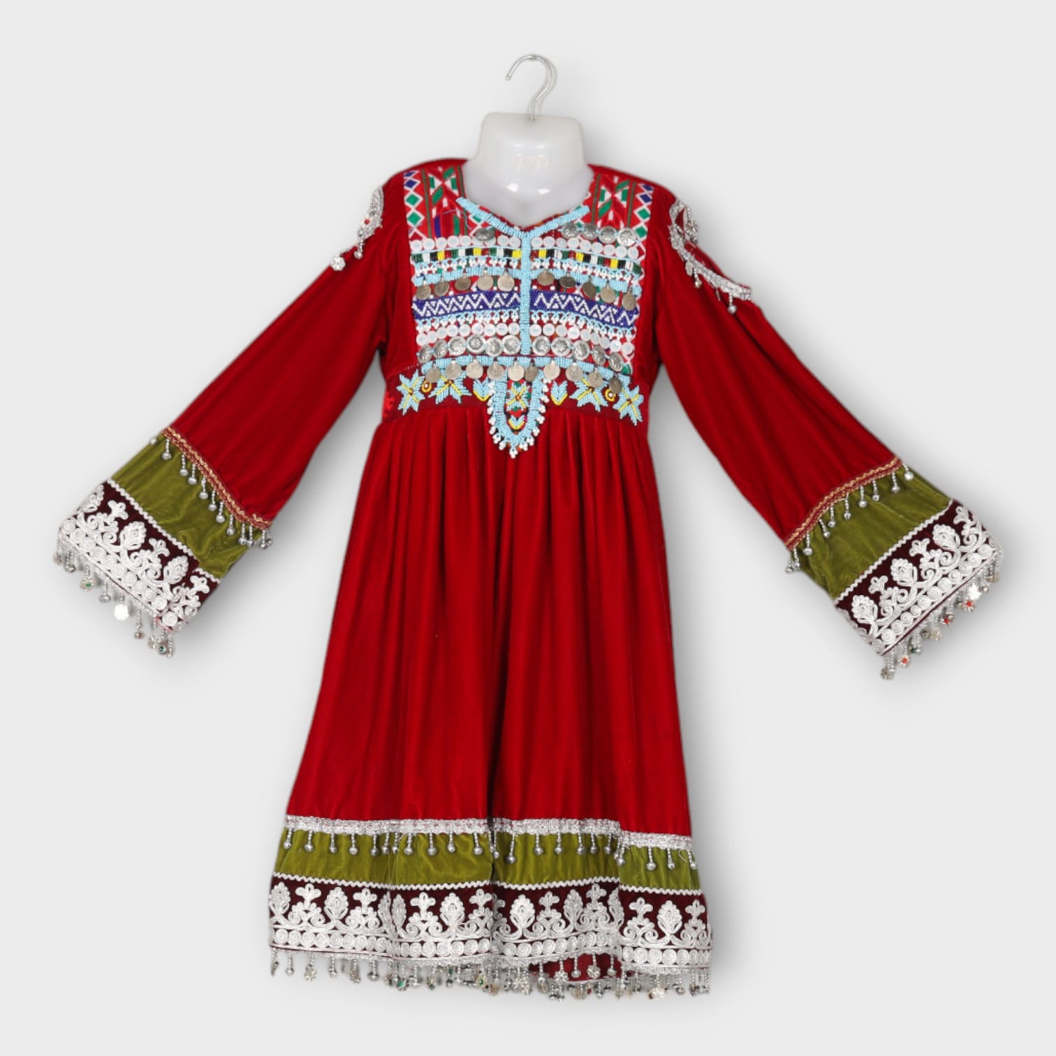 Red & Green Traditional Afghan Kids Dress with Embroidery