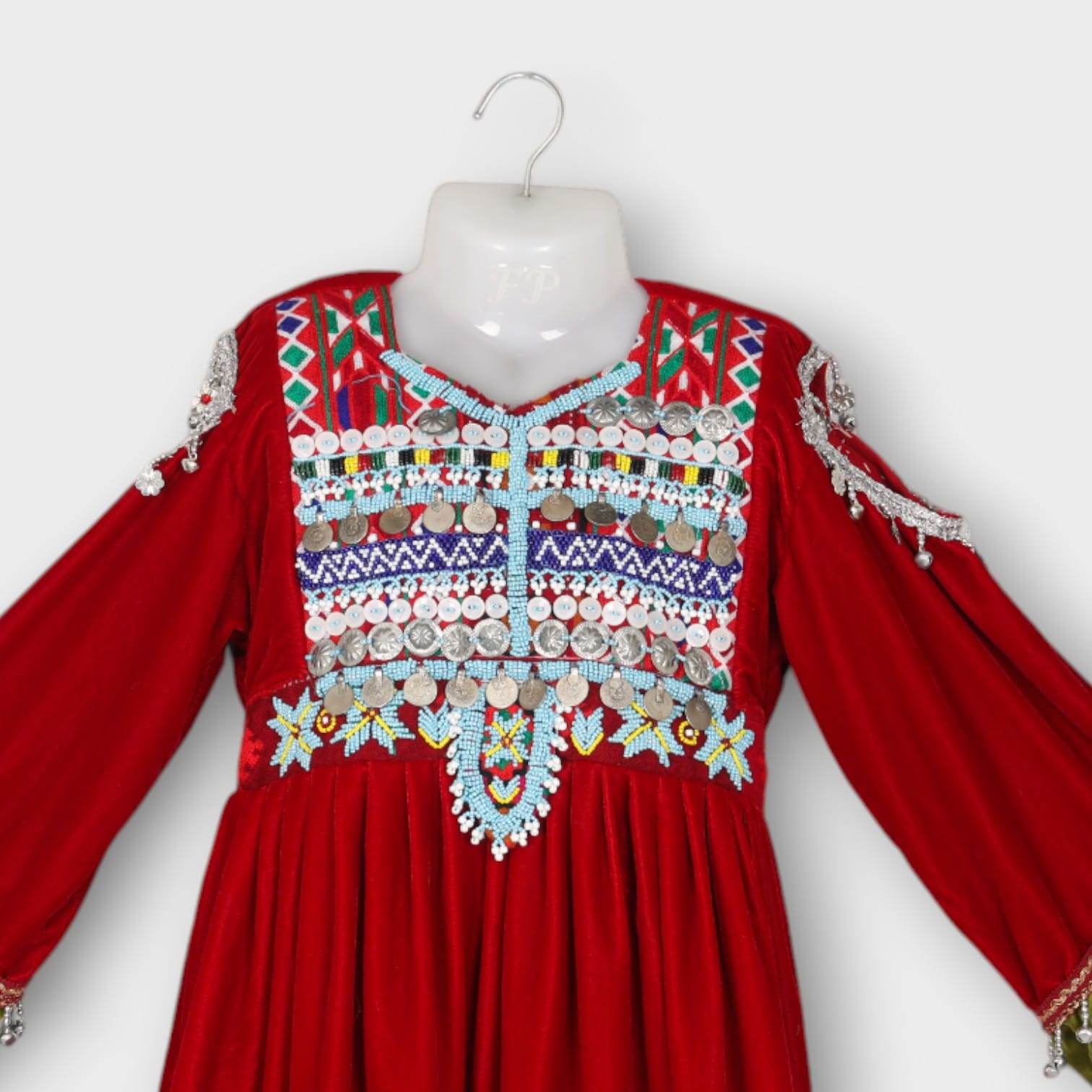 Red & Green Traditional Afghan Kids Dress with Embroidery