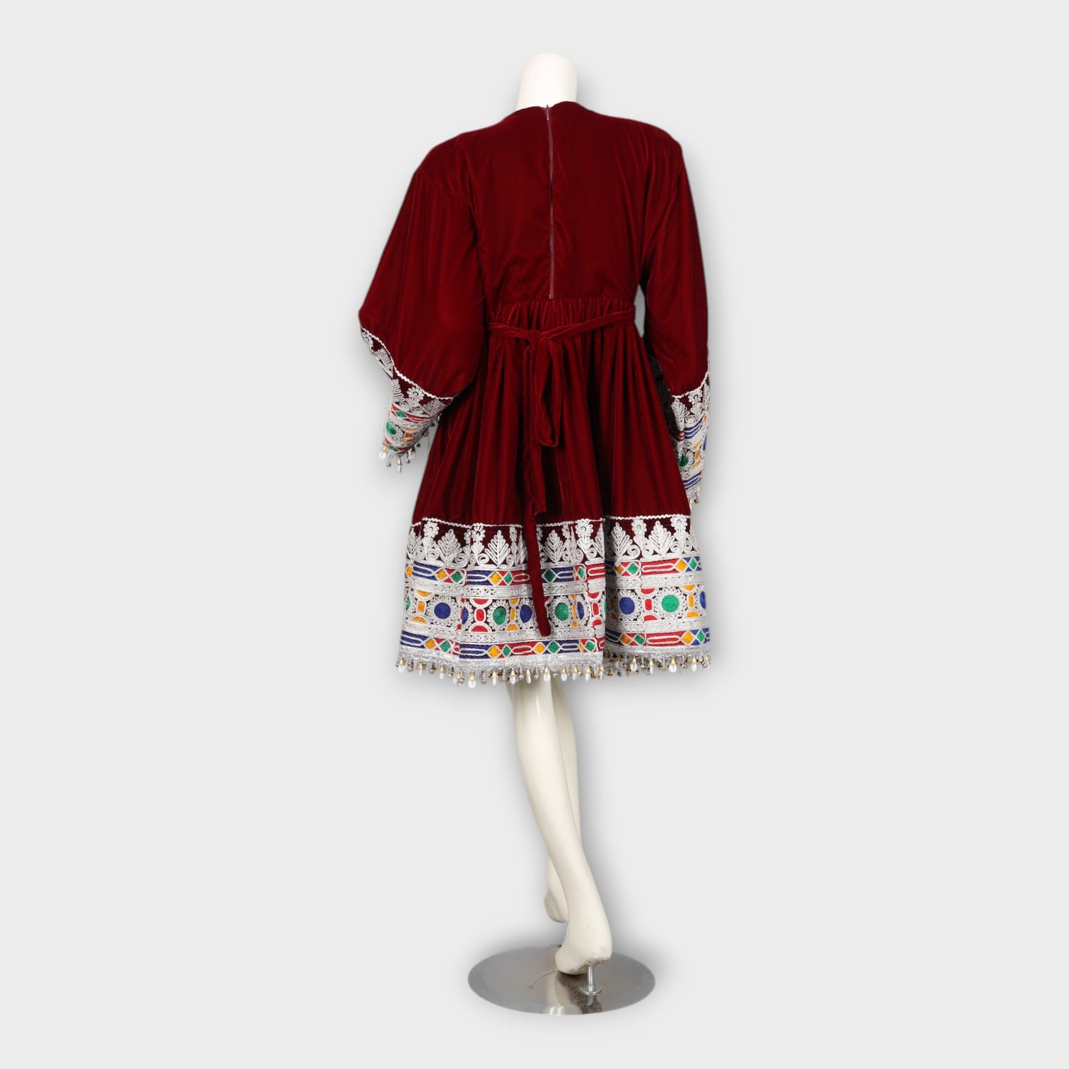 Burgundy Velvet Traditional Afghan Dress with Colorful Embroidery and Coin Tassels