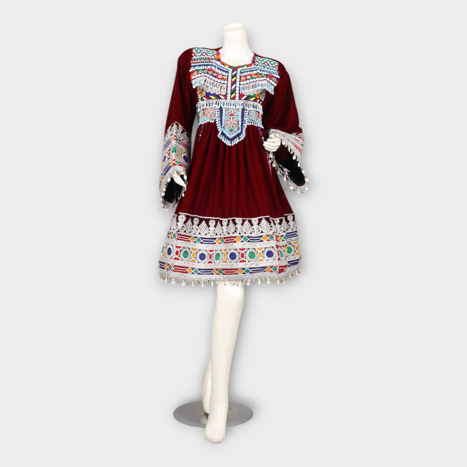 Burgundy Velvet Traditional Afghan Dress with Colorful Embroidery and Coin Tassels