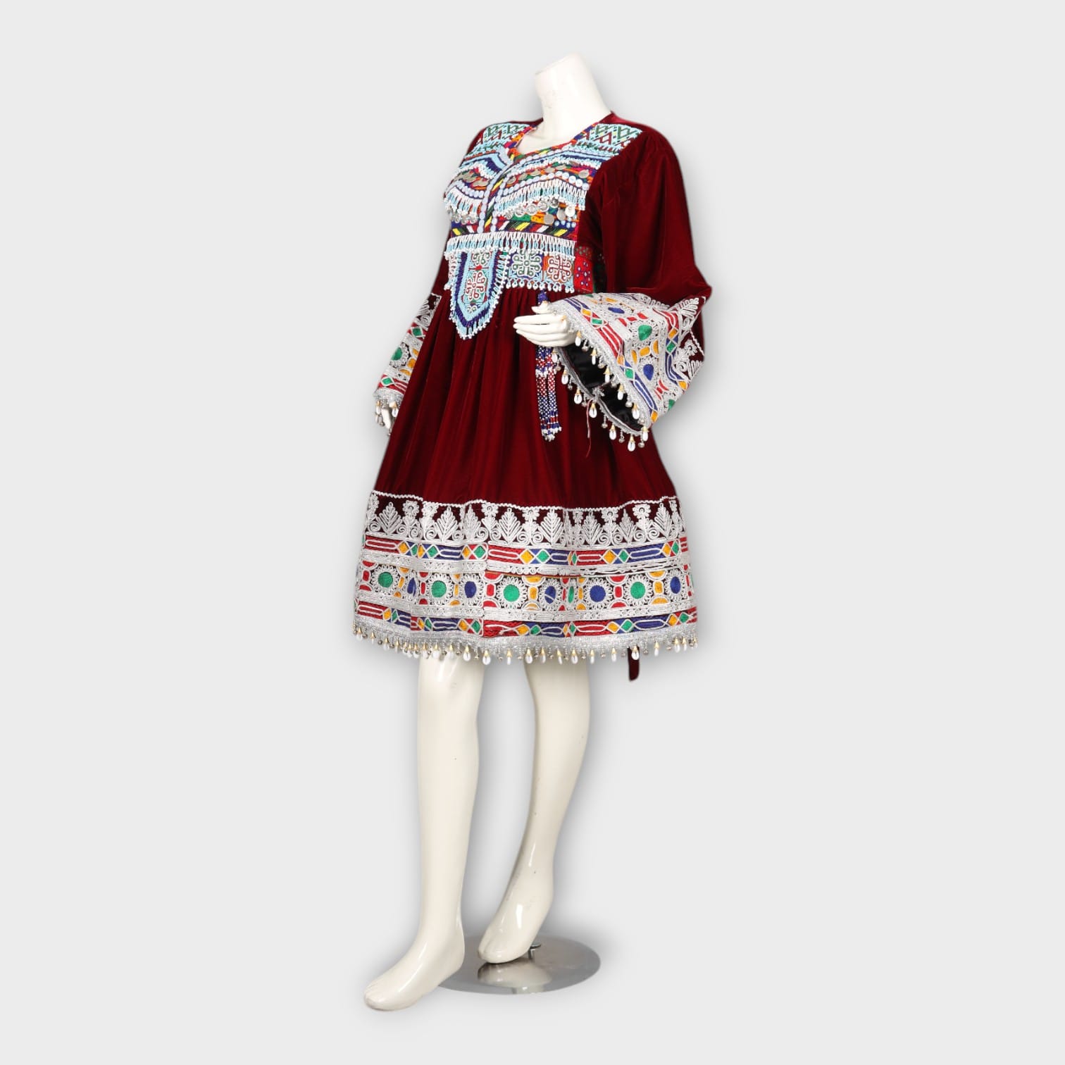 Burgundy Velvet Traditional Afghan Dress with Colorful Embroidery and Coin Tassels