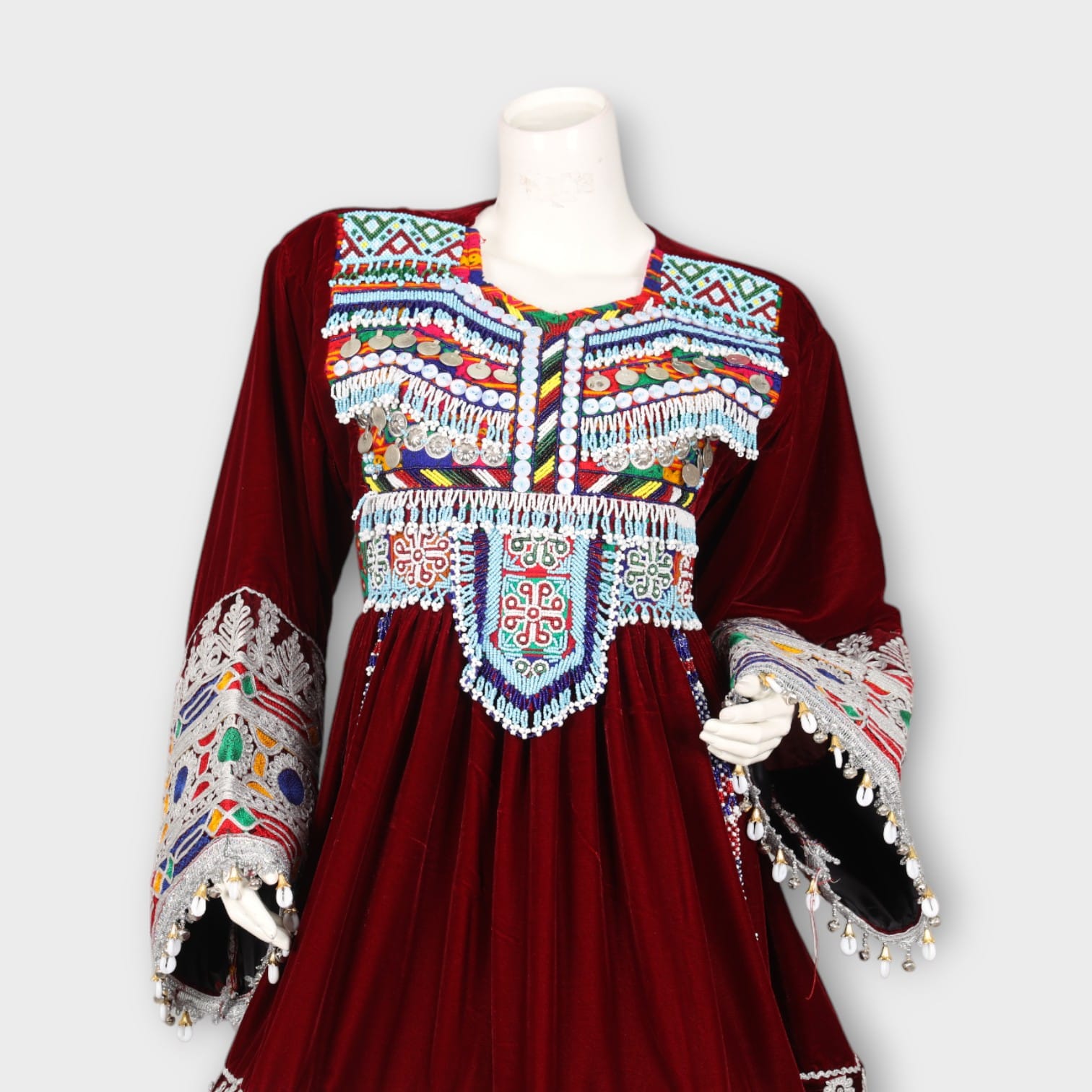 Burgundy Velvet Traditional Afghan Dress with Colorful Embroidery and Coin Tassels