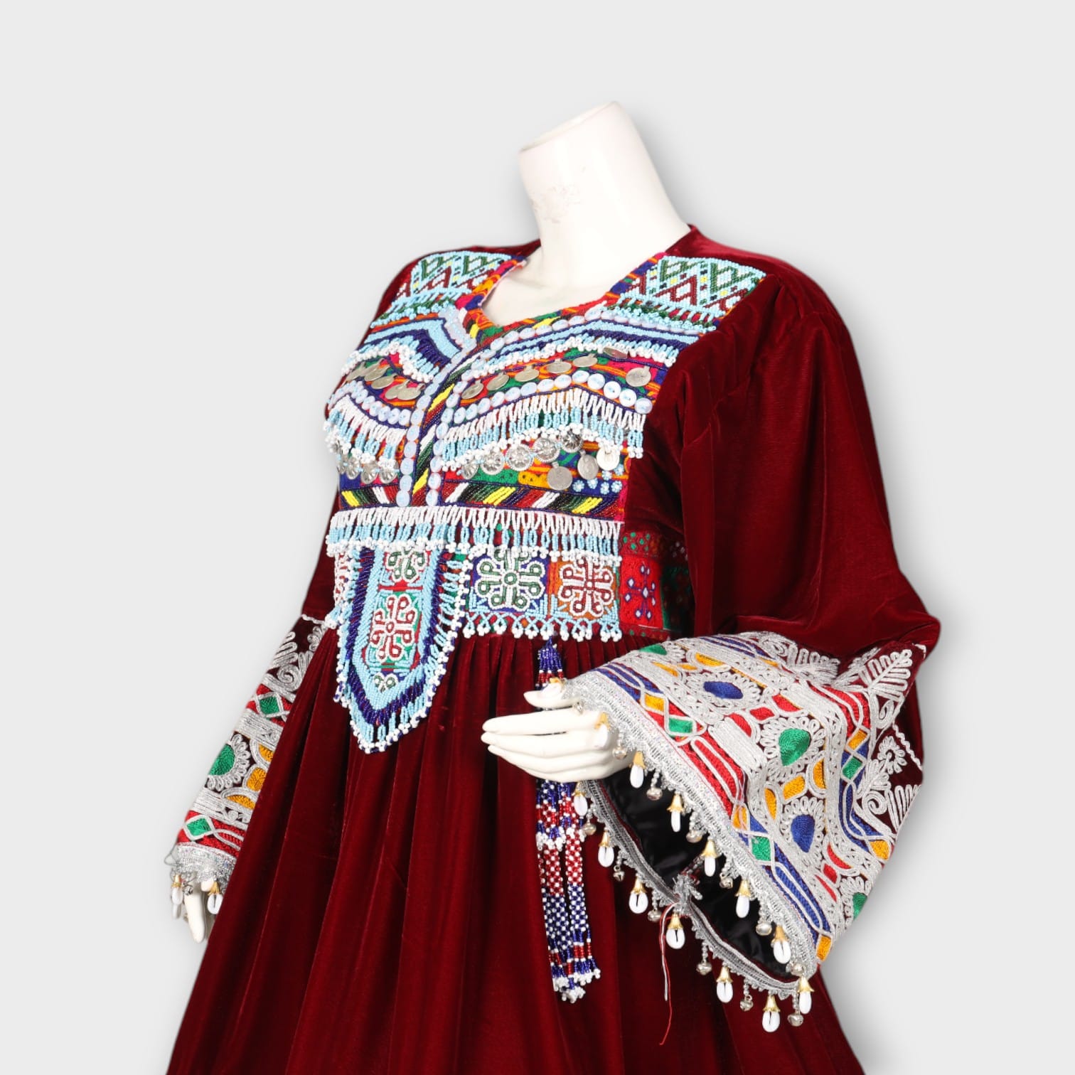 Burgundy Velvet Traditional Afghan Dress with Colorful Embroidery and Coin Tassels