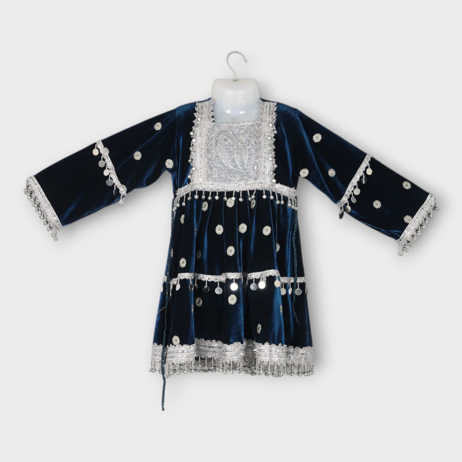 Navy Blue Velvet Afghan Kids Dress with Silver Embellishments