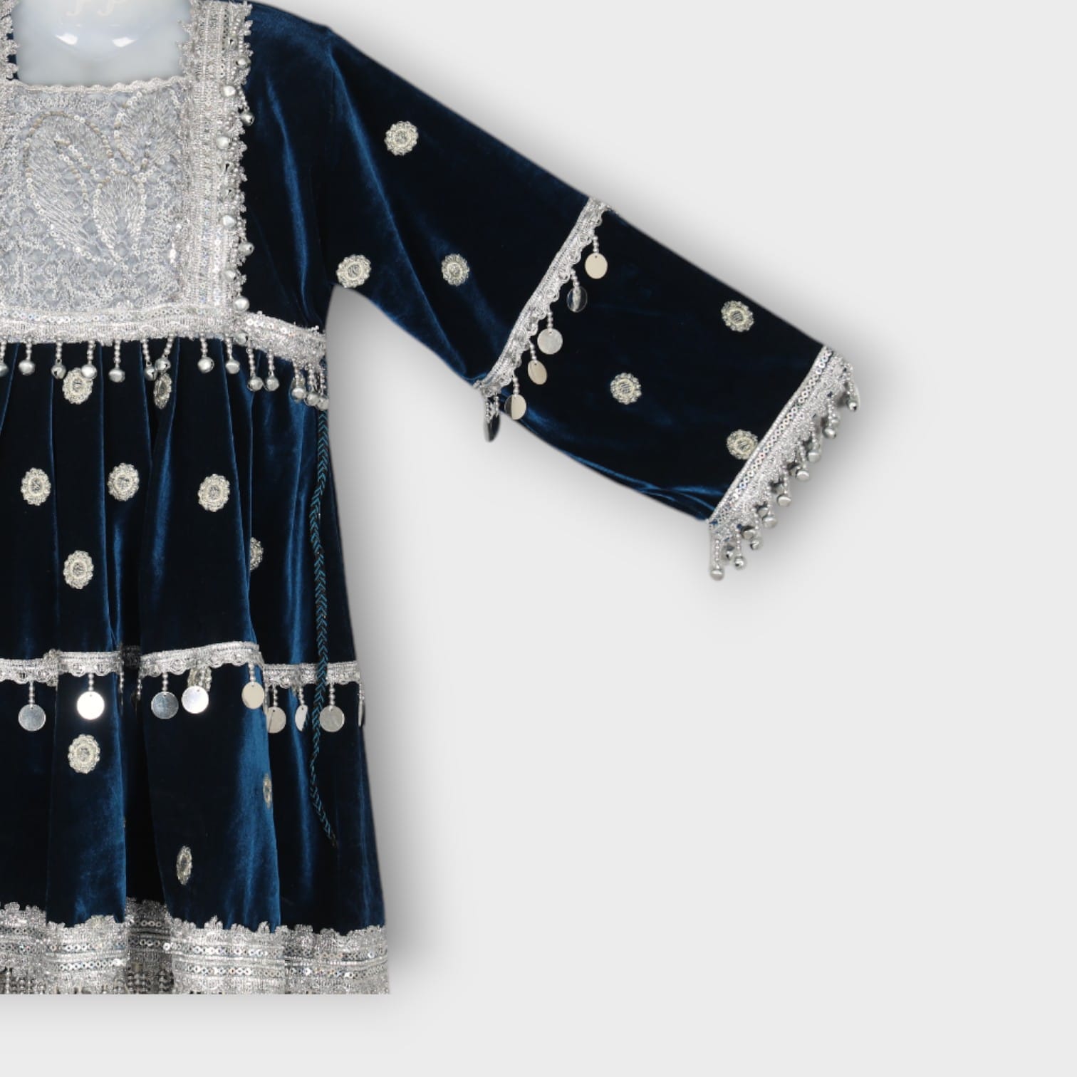 Navy Blue Velvet Afghan Kids Dress with Silver Embellishments