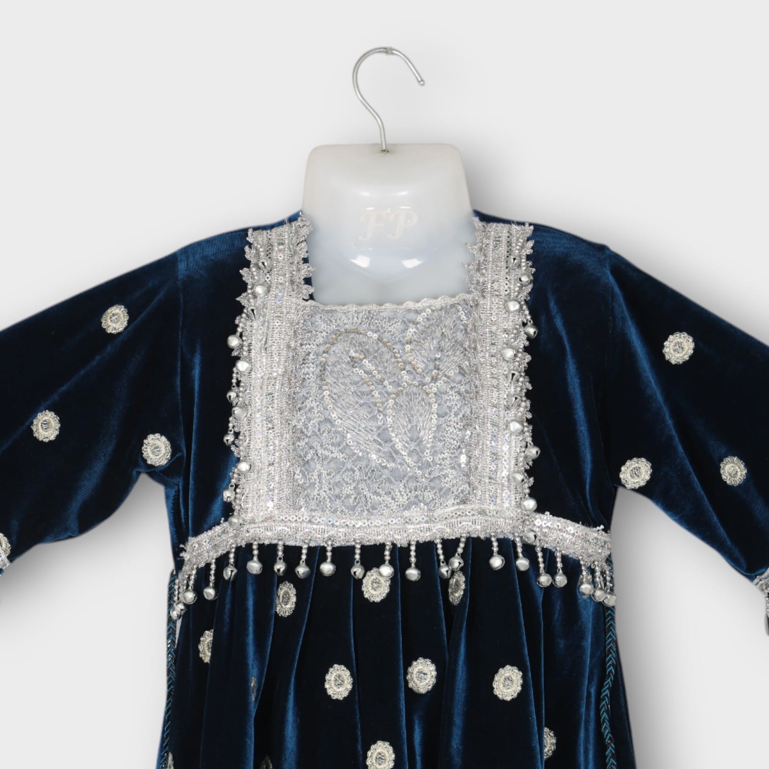 Navy Blue Velvet Afghan Kids Dress with Silver Embellishments