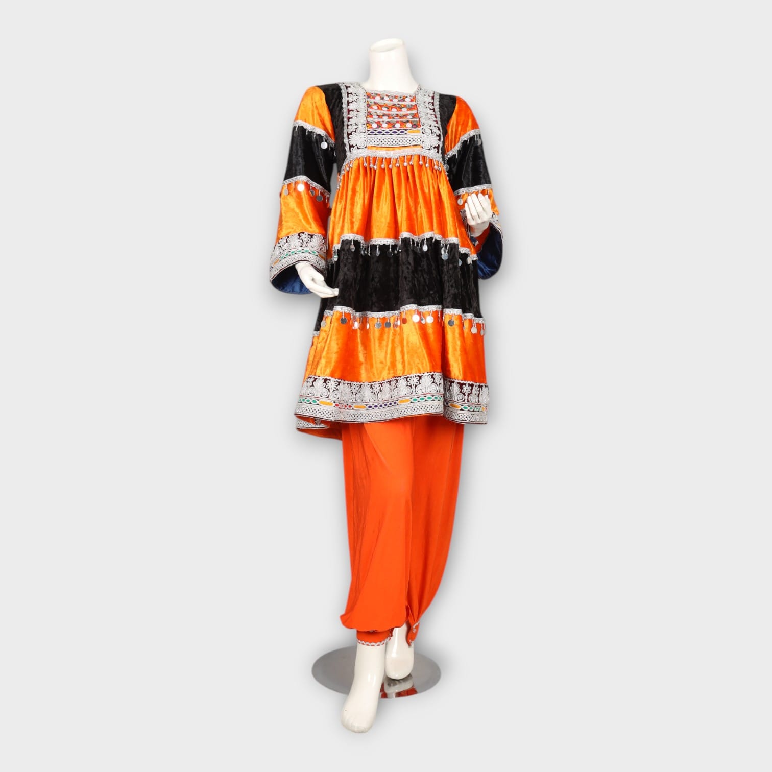 Orange & Black Traditional Afghan Dress