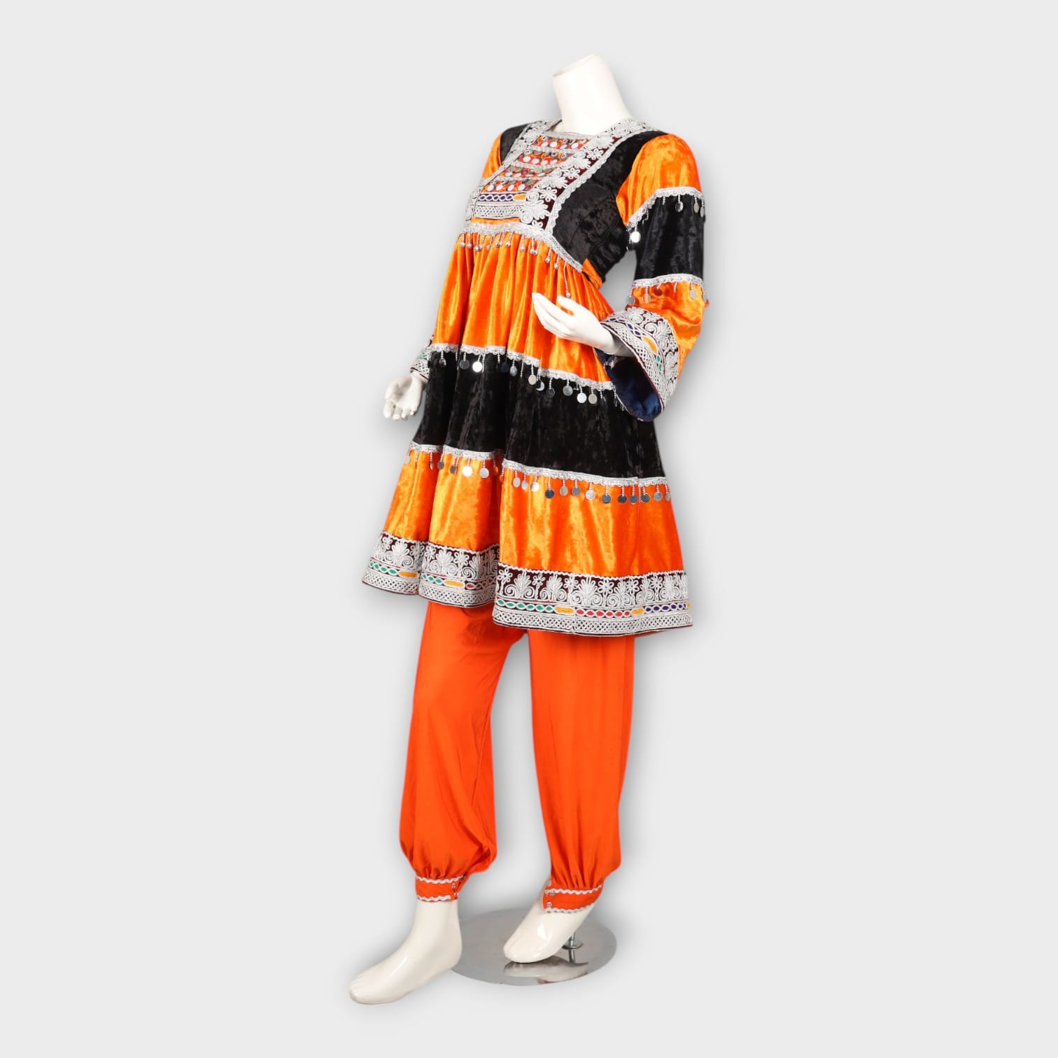Orange & Black Traditional Afghan Dress