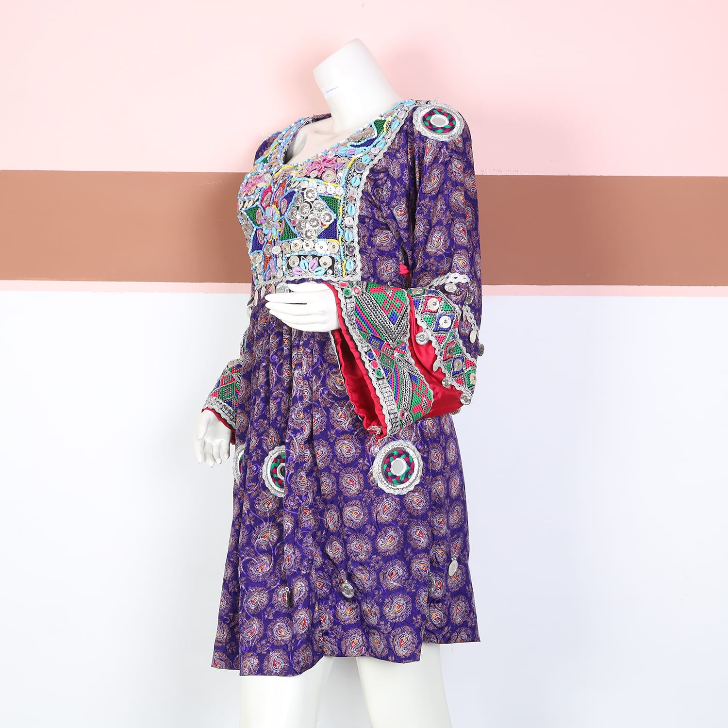 Purple Traditional Afghani Dress with Multicolor Hand Embroidery