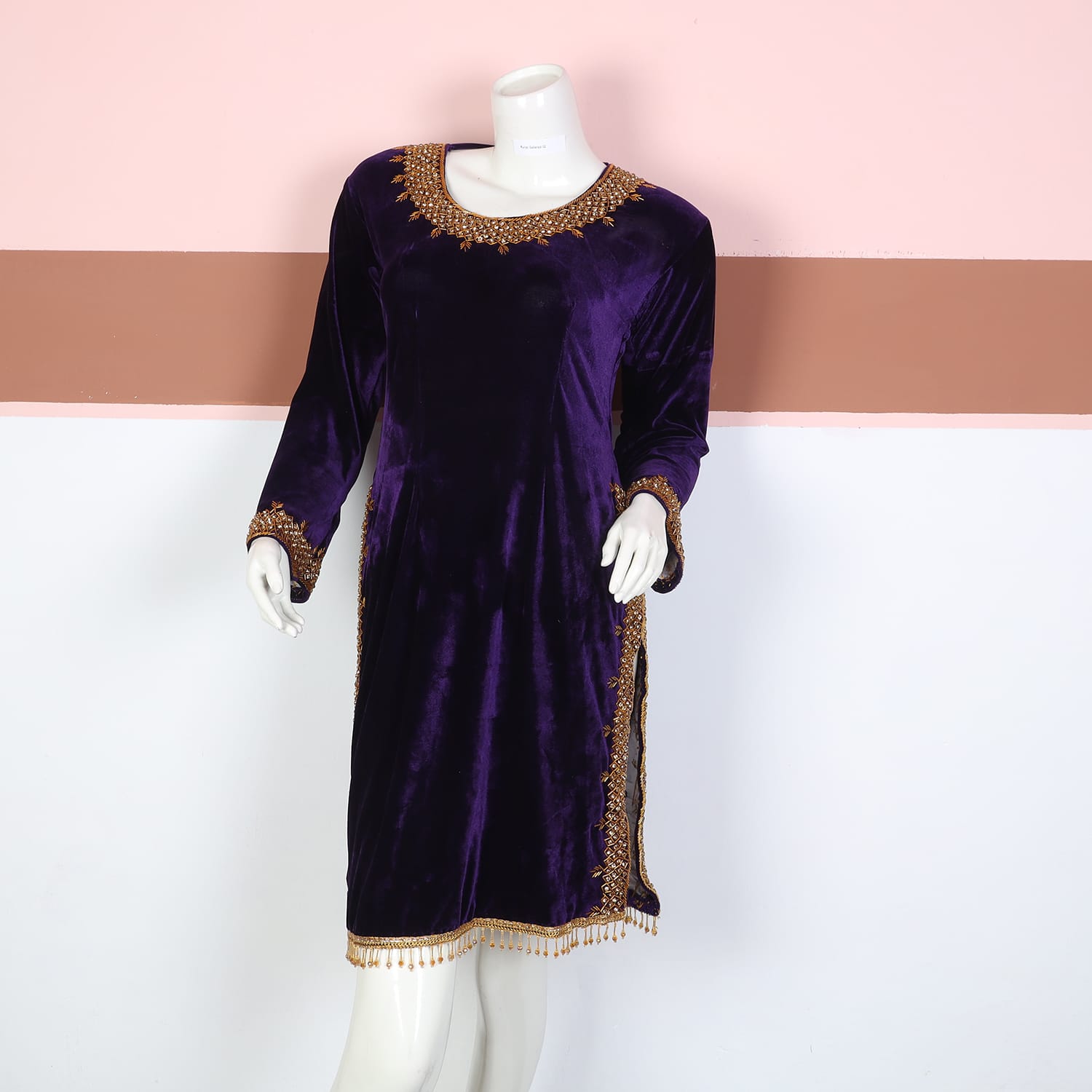 Deep Purple Velvet Afghani Dress with Golden Beadwork