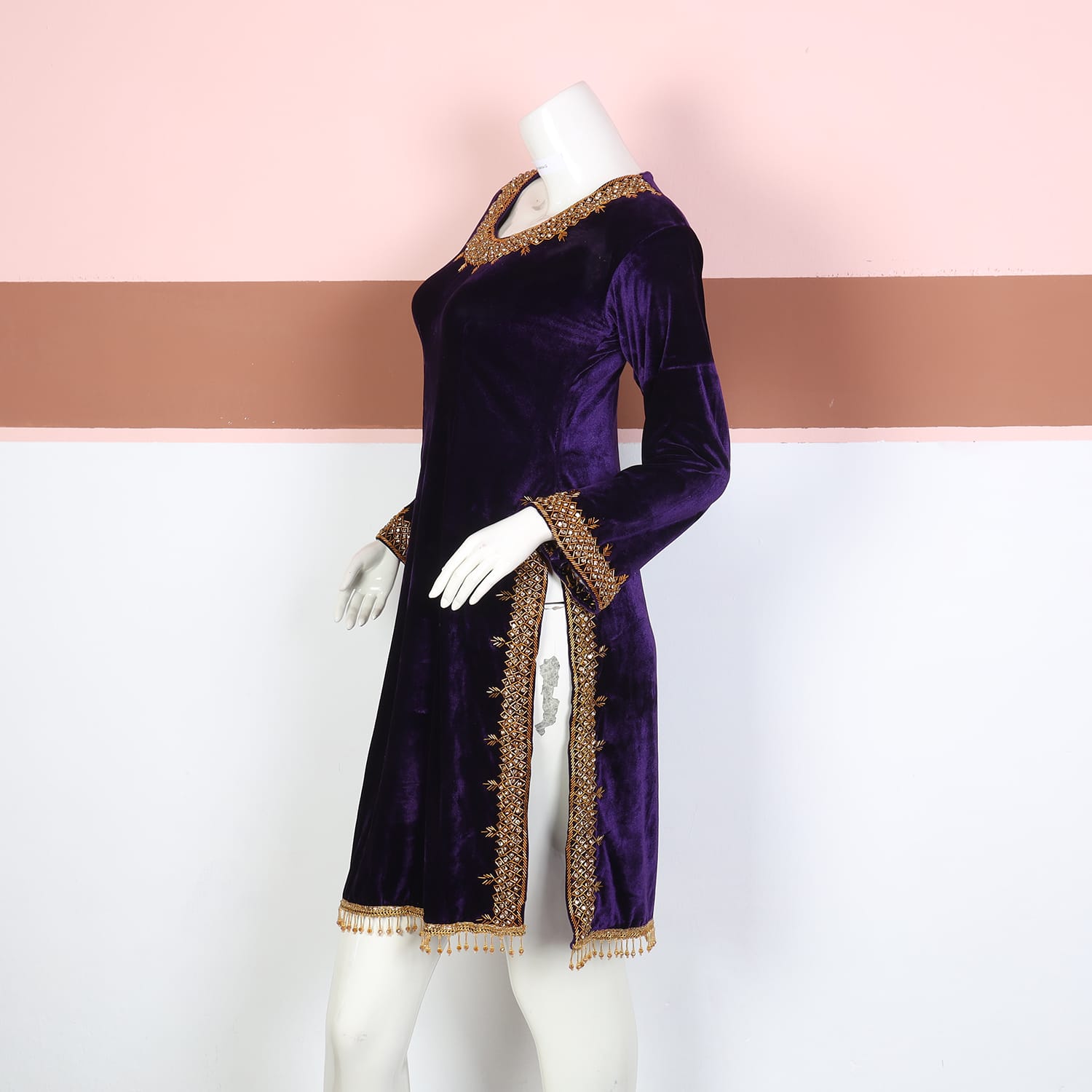 Deep Purple Velvet Afghani Dress with Golden Beadwork