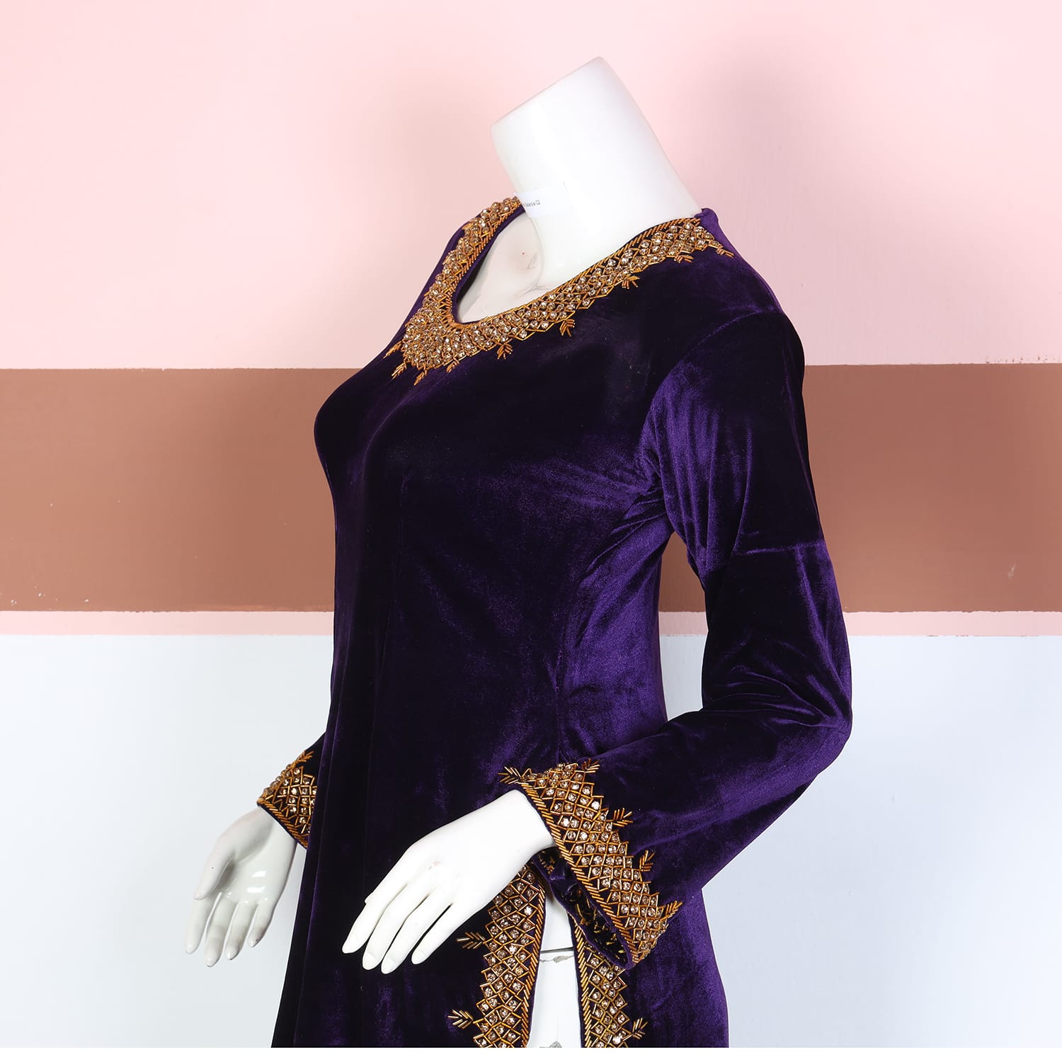 Deep Purple Velvet Afghani Dress with Golden Beadwork