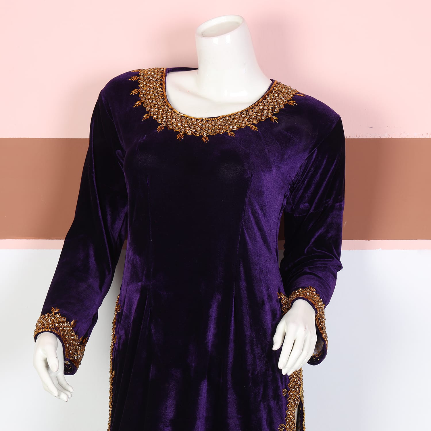 Deep Purple Velvet Afghani Dress with Golden Beadwork