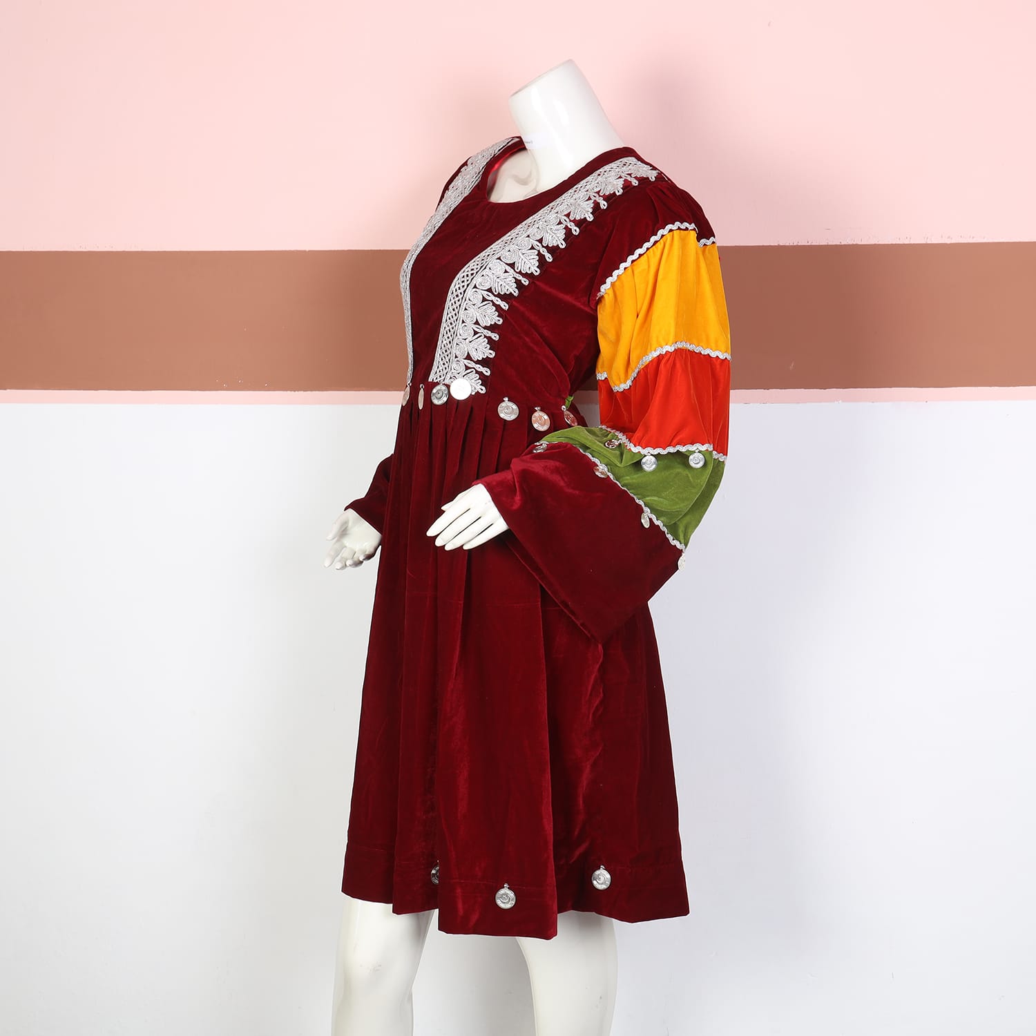 Multicolor Sleeve Maroon Velvet Afghani Dress
