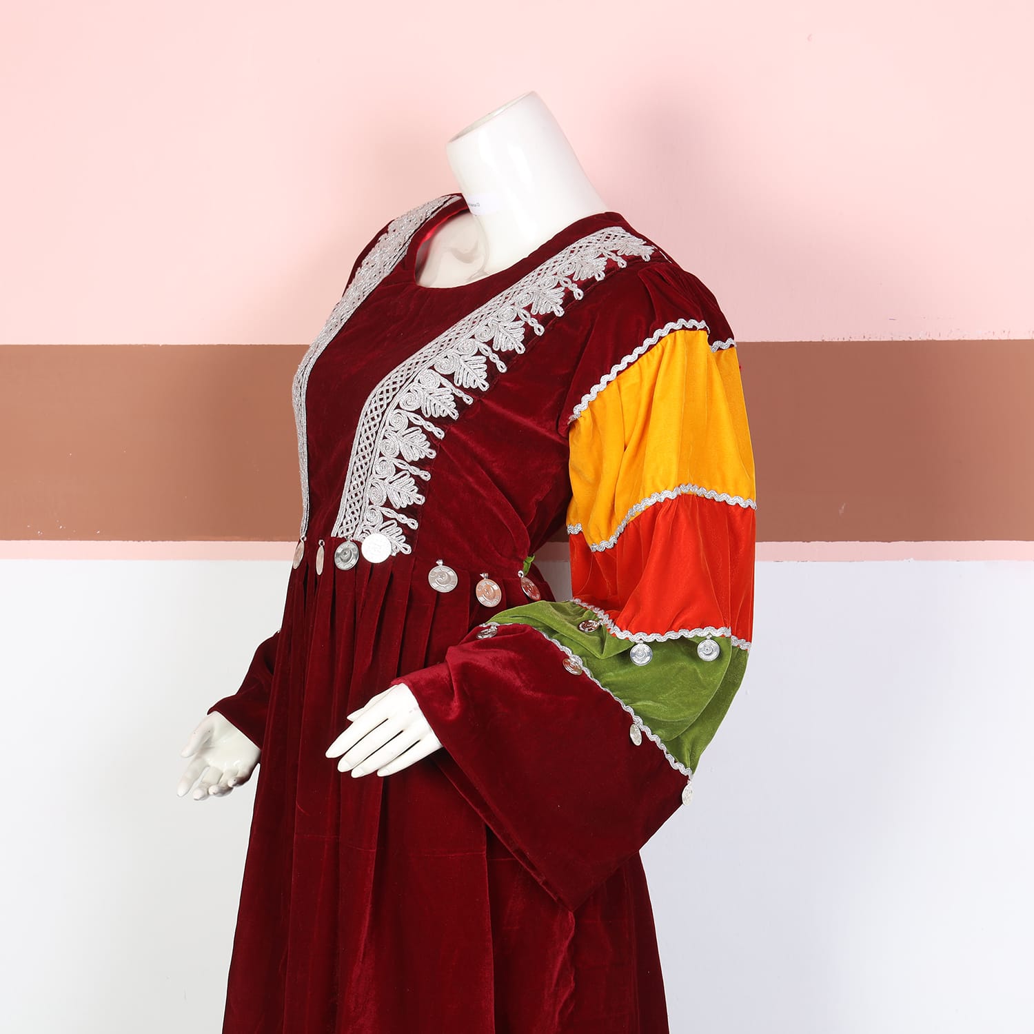 Multicolor Sleeve Maroon Velvet Afghani Dress
