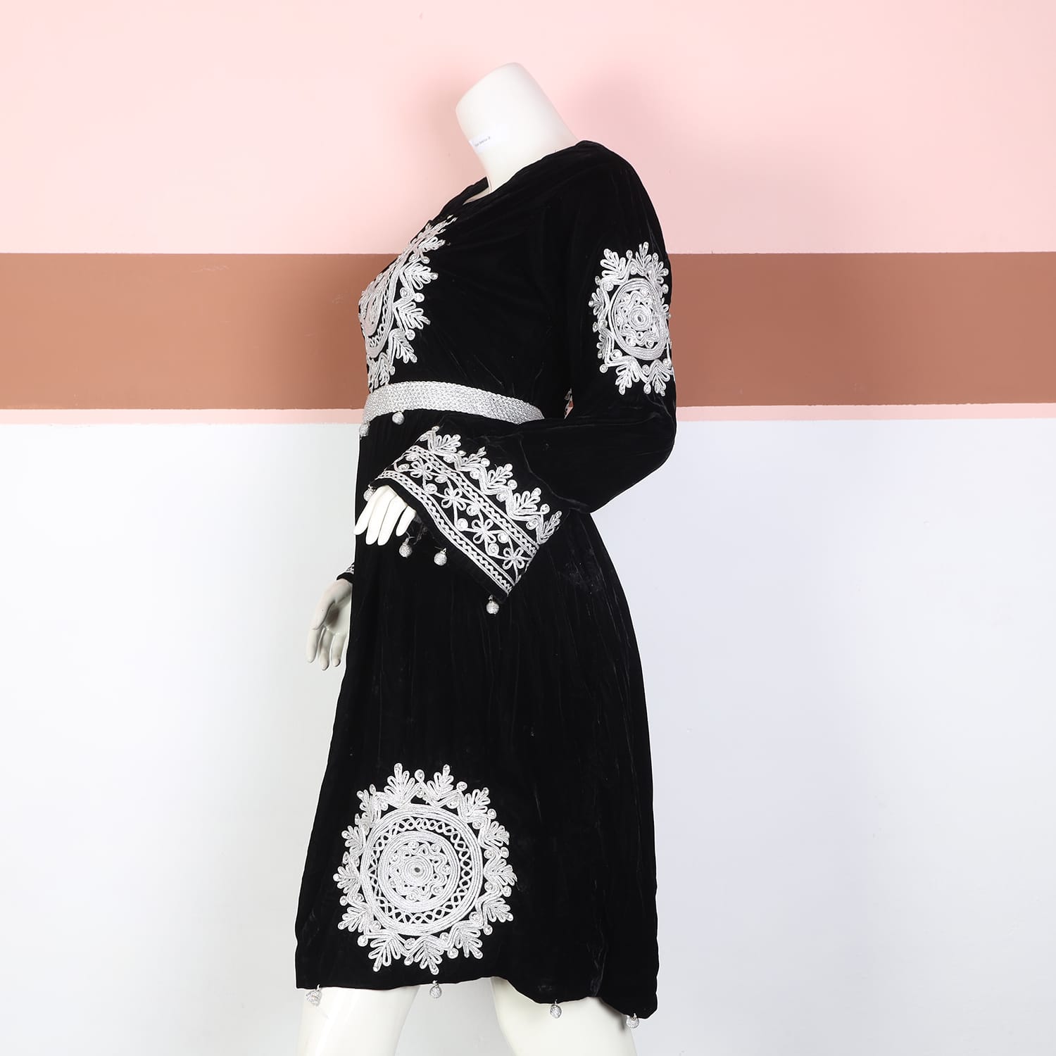 Black Velvet Traditional Afghani Dress with White Embroidery