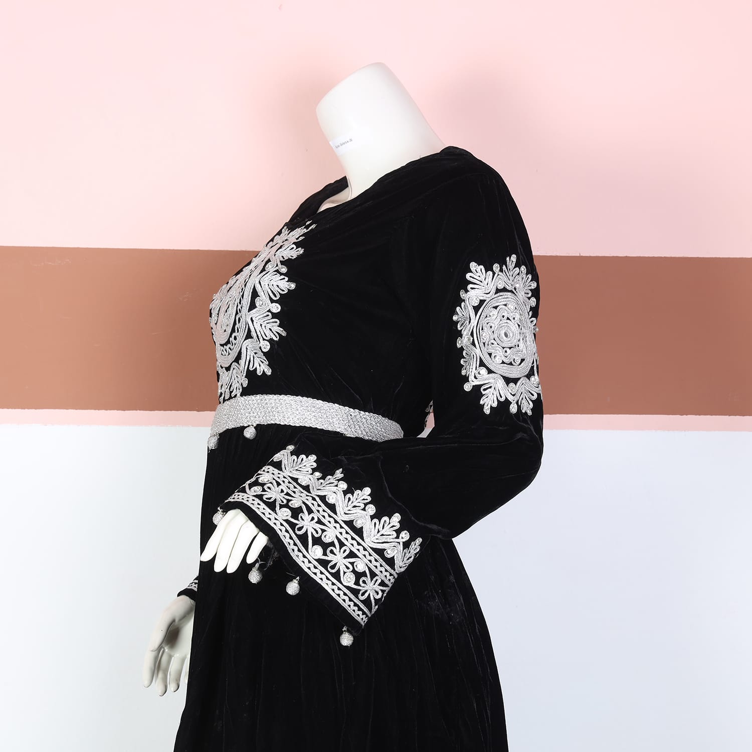 Black Velvet Traditional Afghani Dress with White Embroidery